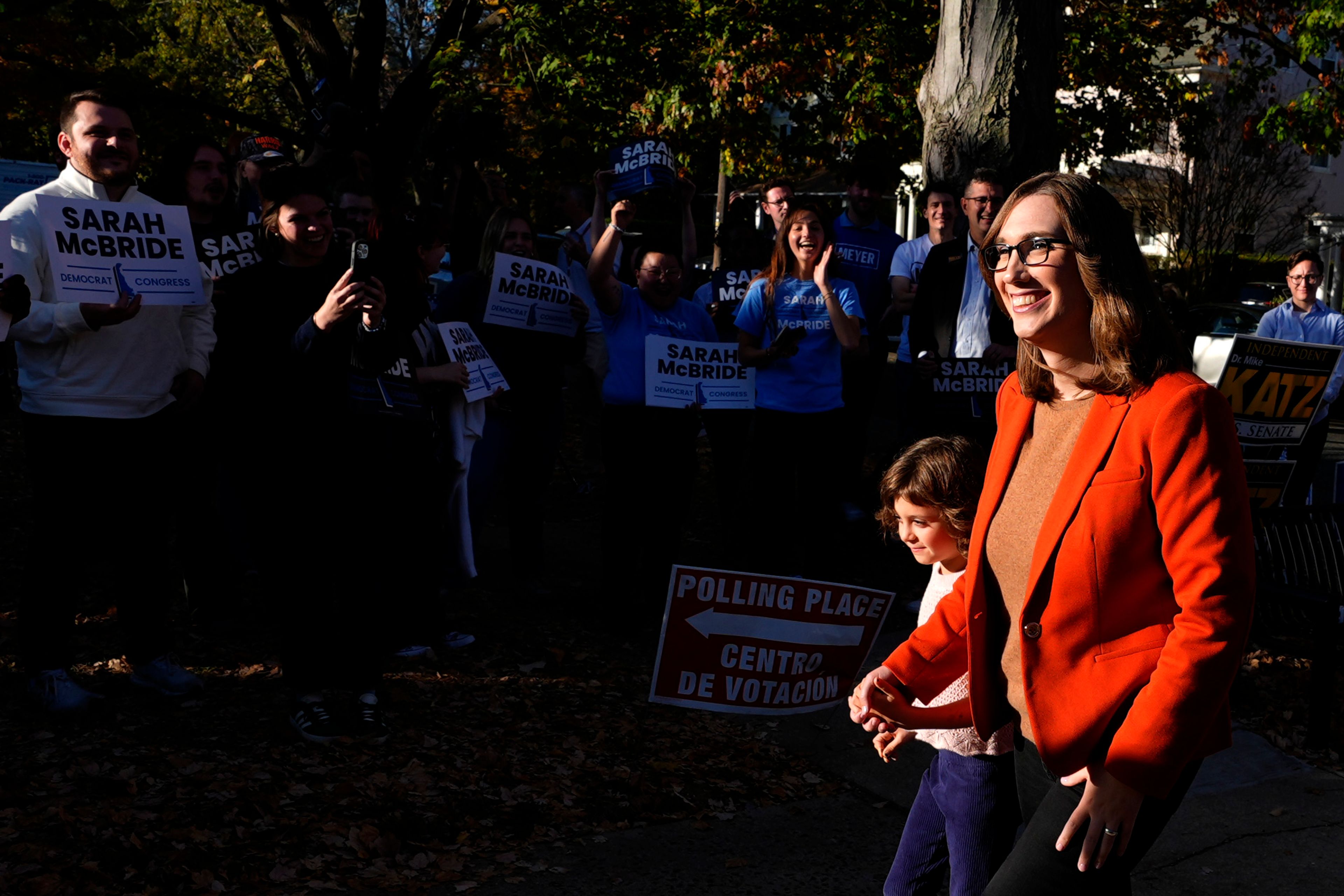 Sarah McBride, Democratic candidate for Delaware's at-large congressional district, greets supporters at the Immanuel Highlands Episcopal Church on Election Day, Tuesday, Nov. 5, 2024, in Wilmington, Del. (AP Photo/Pamela Smith)