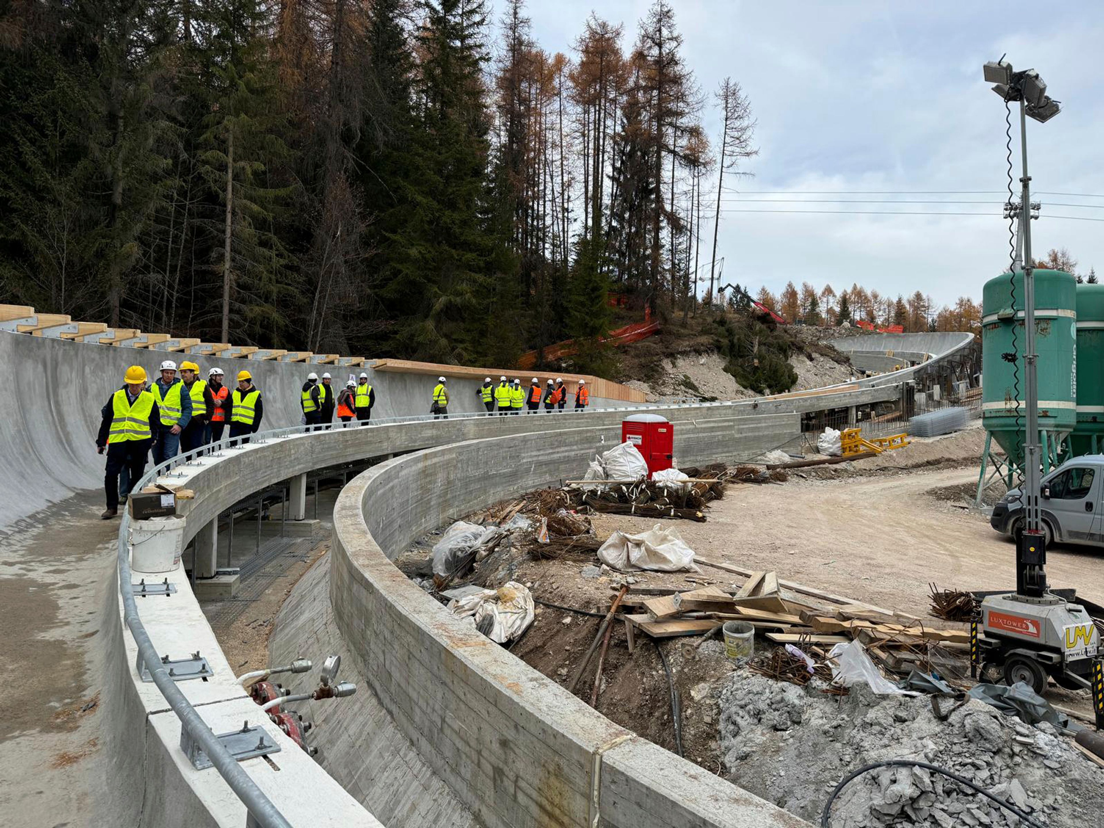 Construction works are underway at the sliding center for the 2026 Milan-Cortina Olympics in Cortina d'Ampezzo, Italy, Tuesday, Nov. 19, 2024. (Societa' Infrastrutture Milano Cortina via AP)