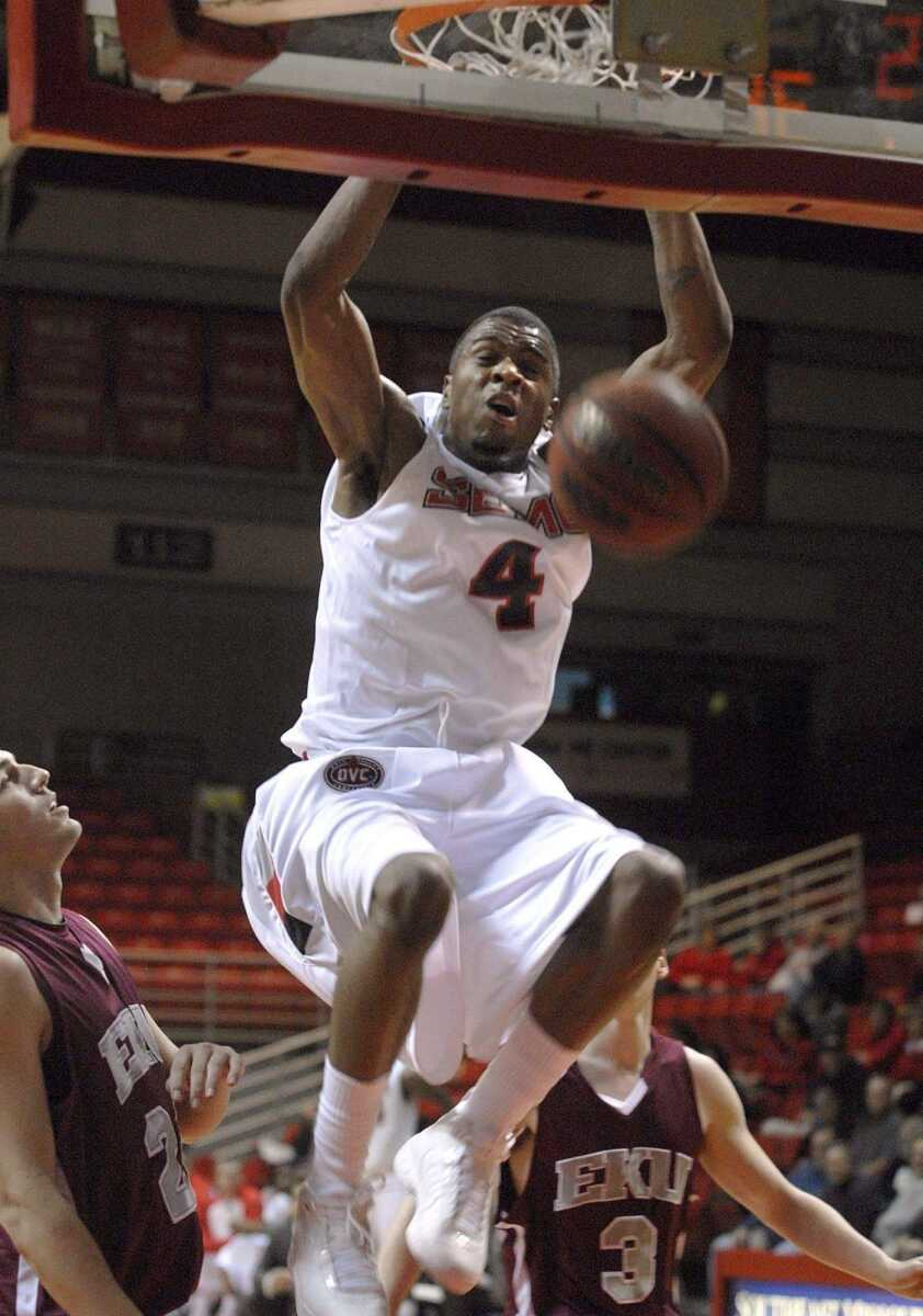 FRED LYNCH ~ flynch@semissourian.com<br>Southeast Missouri State's Calvin Williams slam dunks against Eastern Kentucky earlier this season.