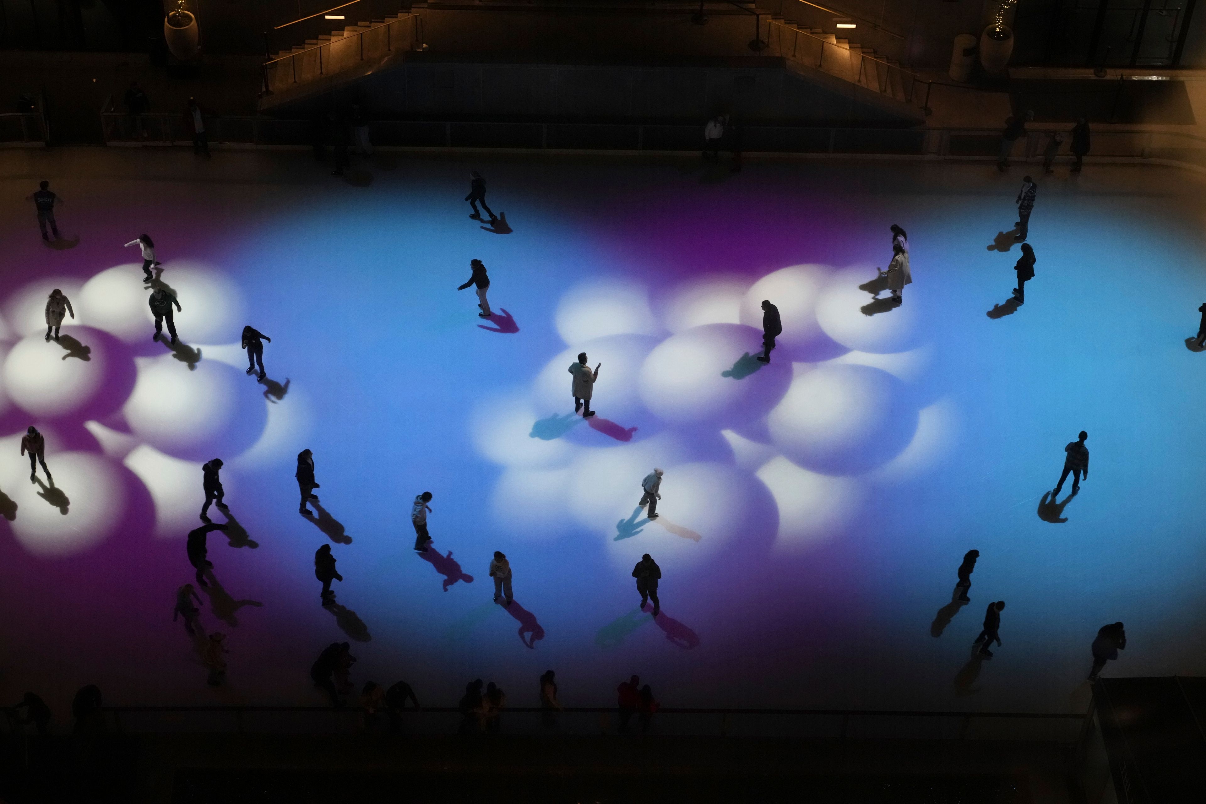 A view of The Rink at Rockefeller Center, as seen from several stories up inside Rockefeller Center, Saturday, Nov. 2, 2024, in New York, as Democratic presidential nominee Vice President Kamala Harris made an unannounced trip there to appear on an episode of NBC's "Saturday Night Live." (AP Photo/Jacquelyn Martin)