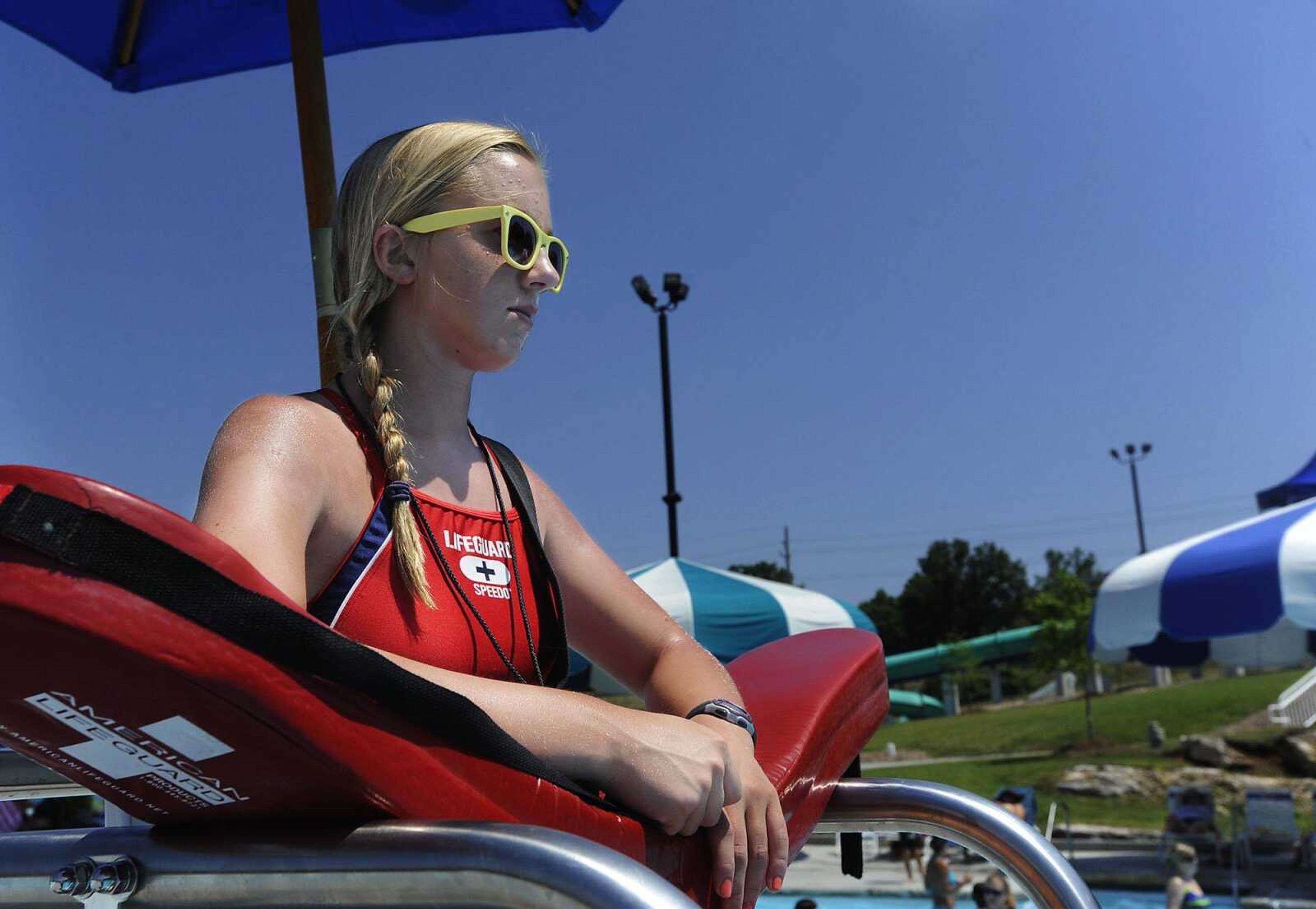 Lifeguard Jackie Crawford, 15, keeps watch Saturday over Cape Splash. (ADAM VOGLER)