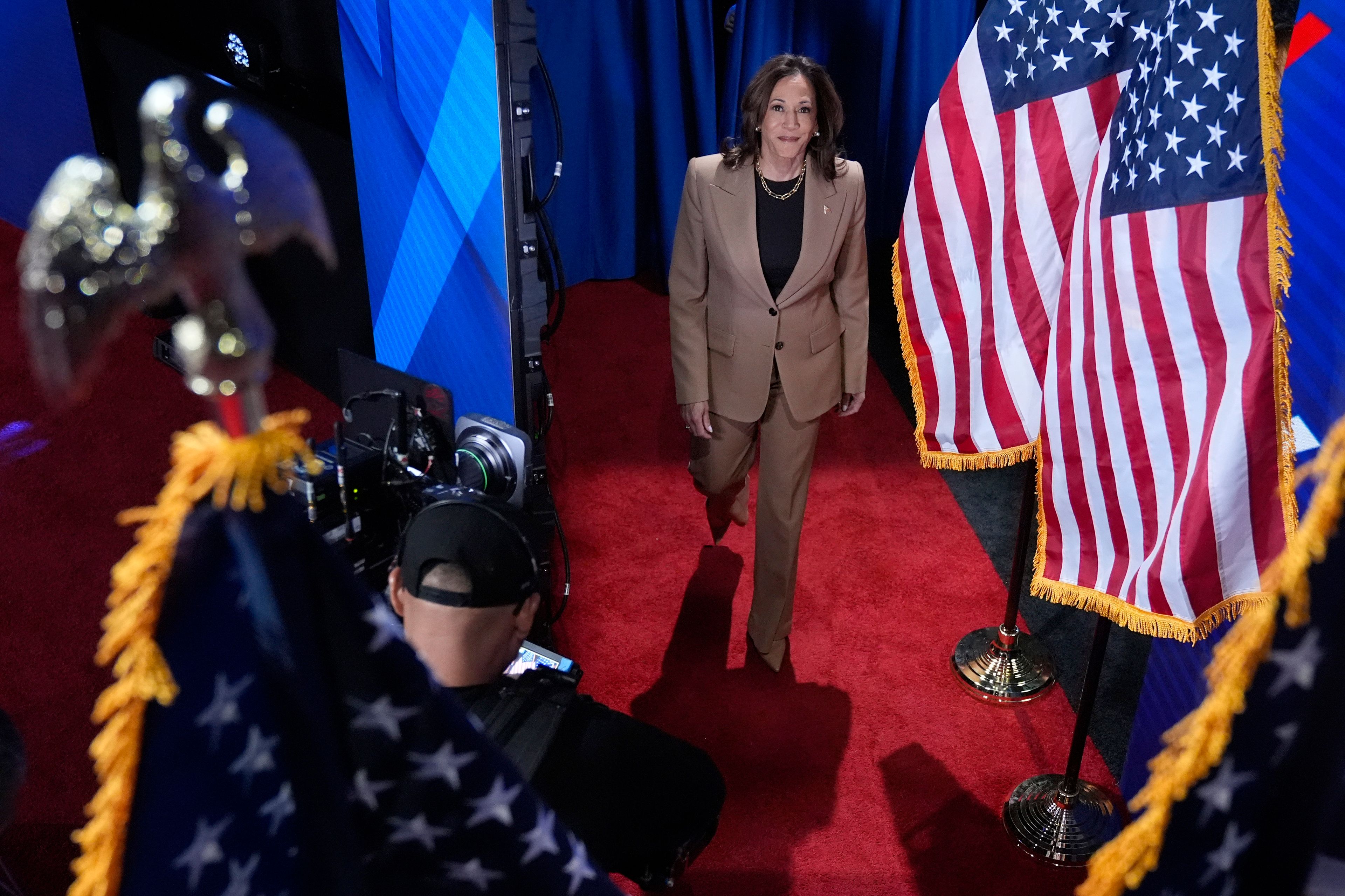 Democratic presidential nominee Vice President Kamala Harris arrives at a Town Hall event hosted by Univision, Thursday, Oct. 10, 2024, at the University of Nevada Las Vegas. (AP Photo/Jacquelyn Martin)