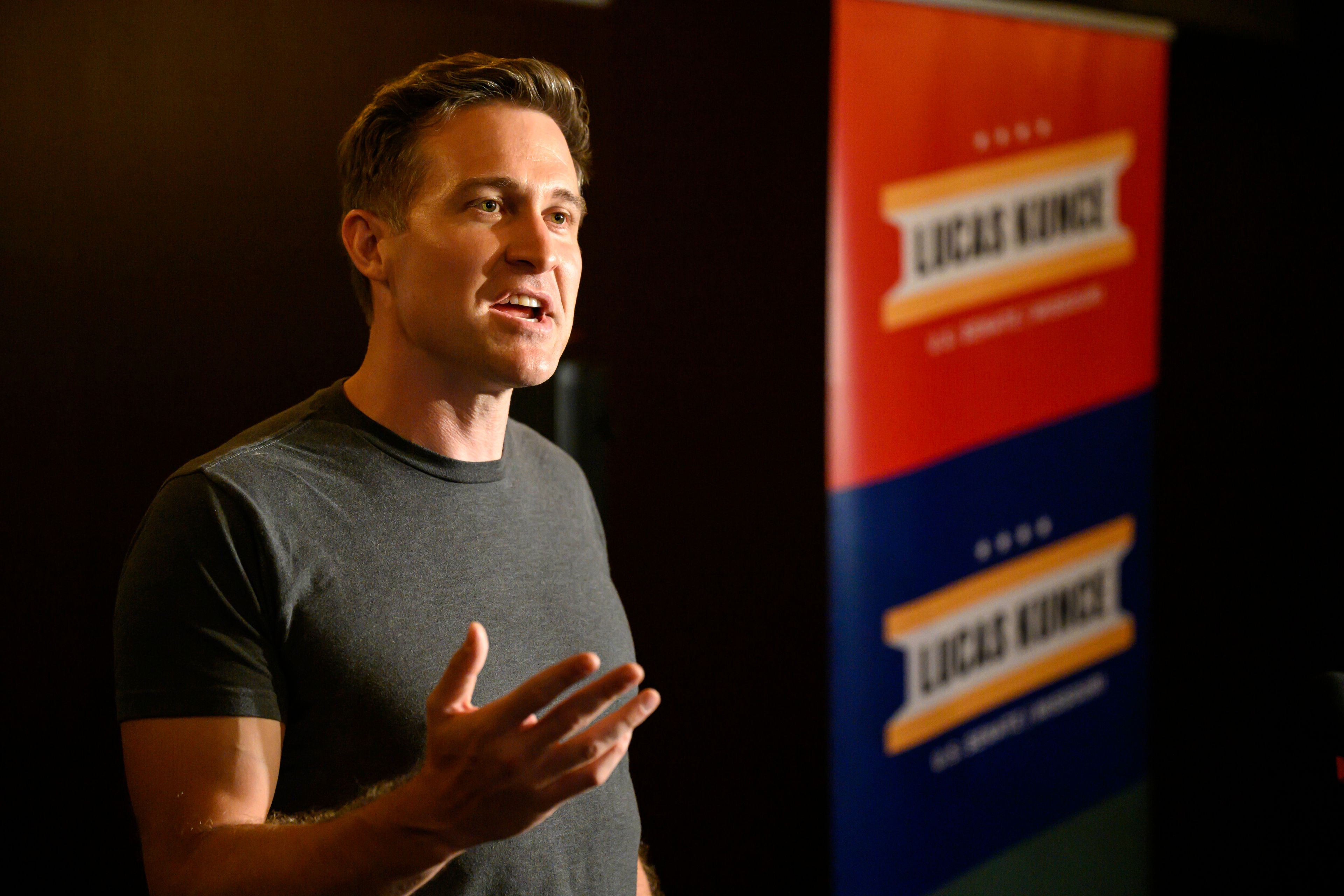 FILE - Democratic Senate hopeful Lucas Kunce speaks to the press after conceding at a primary election watch party, Aug. 2, 2022, in Kansas City, Mo. (AP Reed/Hoffmann, File)