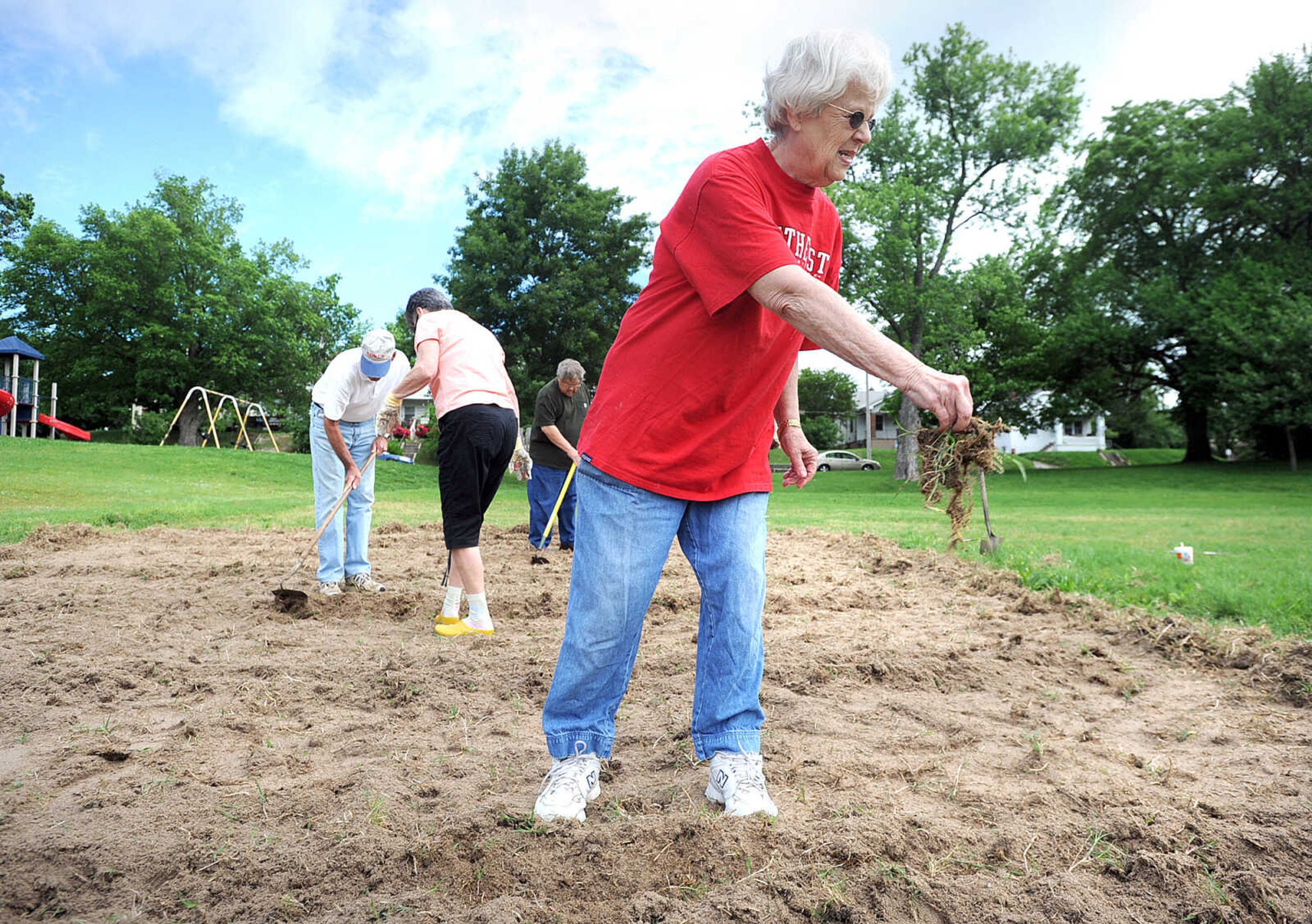 LAURA SIMON ~ lsimon@semissourian.com

Joan Jones removes a weed from the new community garden in Washington Park, Wednesday, May 22, 2013 in Cape Girardeau. The garden has two rows each of deer resistant okra, yellow squash and cucumbers.