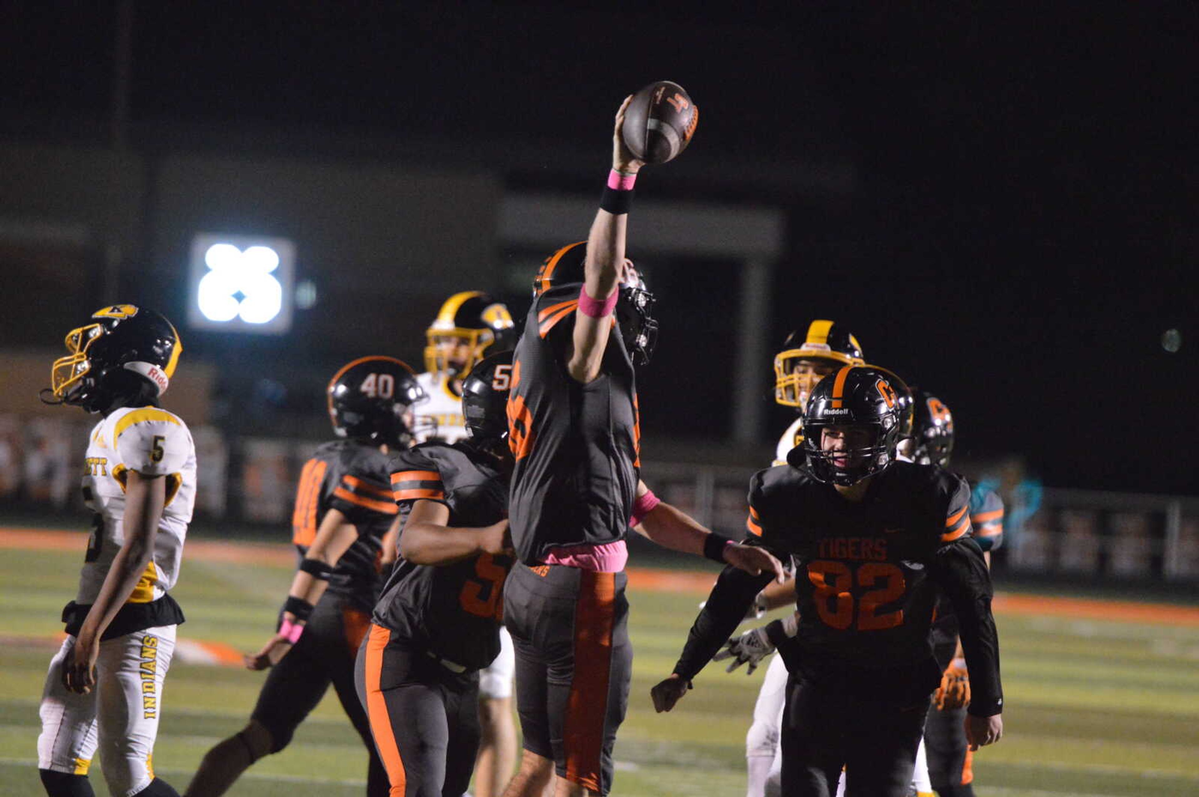 Cape Central defensive back Gavin Pittman celebrates with his teammates following a fumble recovery against Kennett on Friday, Oct. 25. 