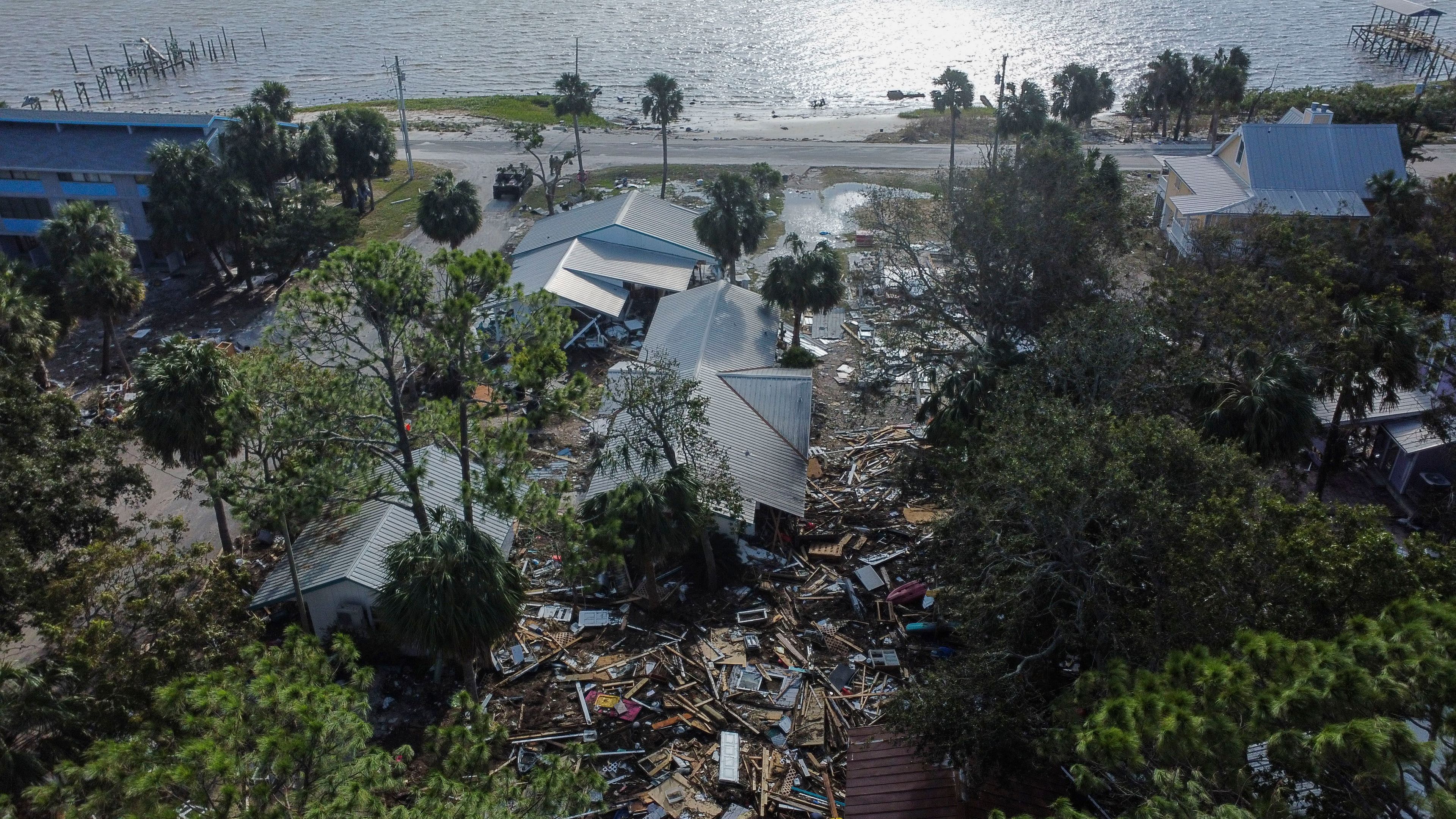 Destruction to the Faraway Inn Cottages and Motel is seen in the aftermath of Hurricane Helene, in Cedar Key, Fla., Friday, Sept. 27, 2024. (AP Photo/Stephen Smith)