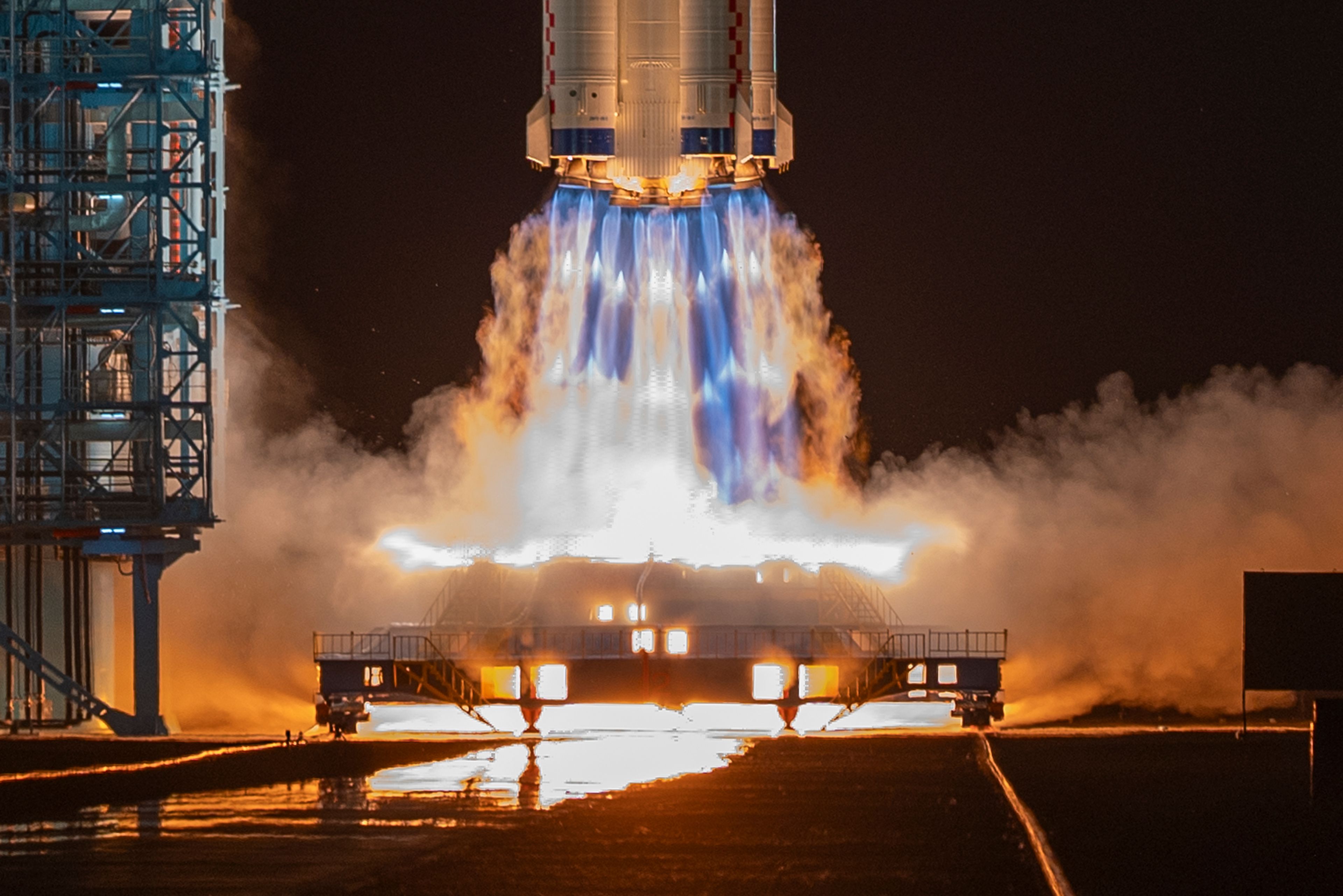 Shenzhou-19 spacecraft sitting atop a Long March rocket takes off from the Jiuquan Satellite Launch Center in Jiuquan, northwestern China in the early hours, Wednesday, Oct. 30, 2024. (AP Photo/Ng Han Guan)