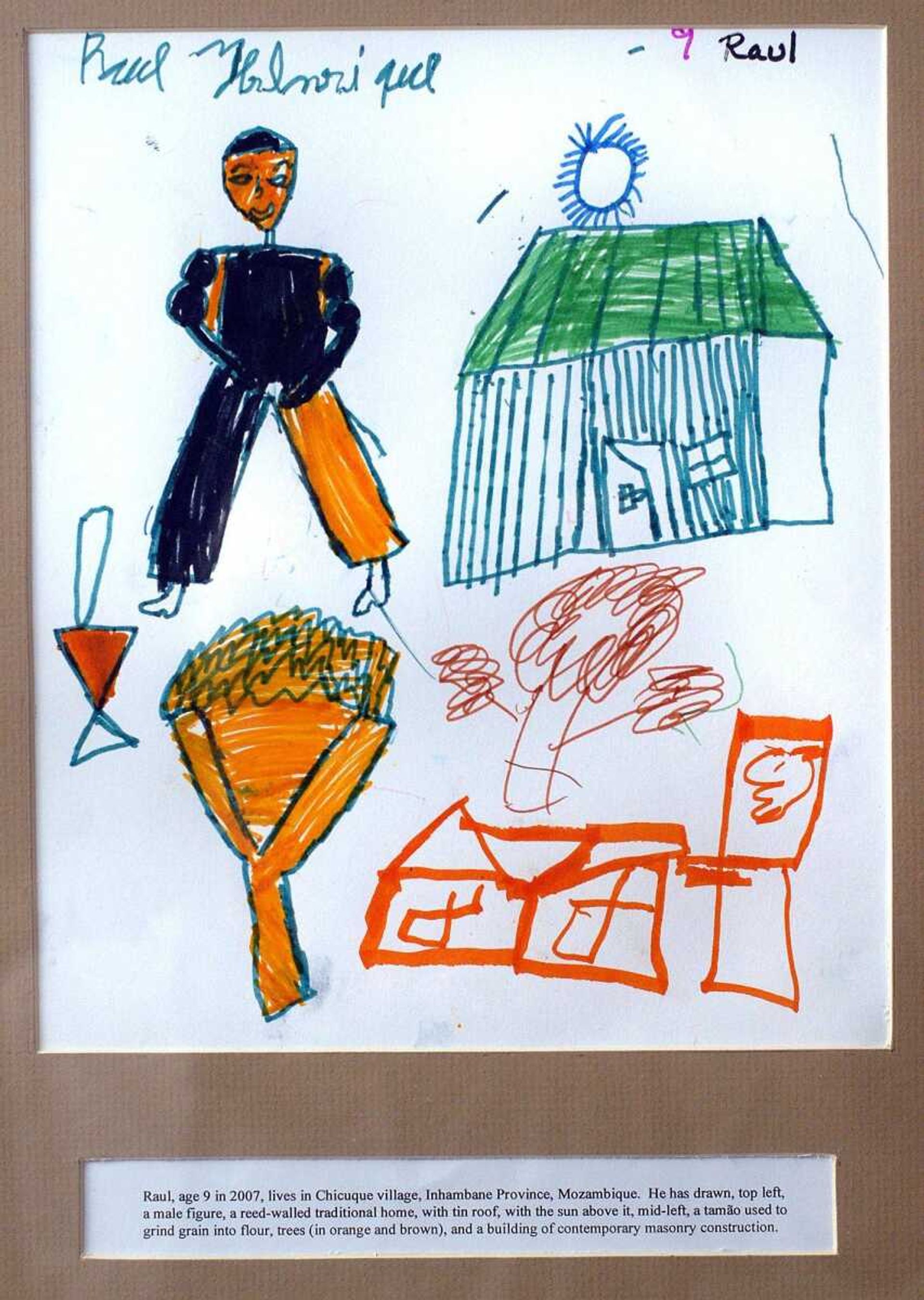 This picture was drawn by Raul, age 9 in 2007, who lives in Chicuque village, Inhambane Province, Mozambique. It includes a male figure, a reed-walled traditional home with tin roof, trees and a building of contemporary masonry construction.