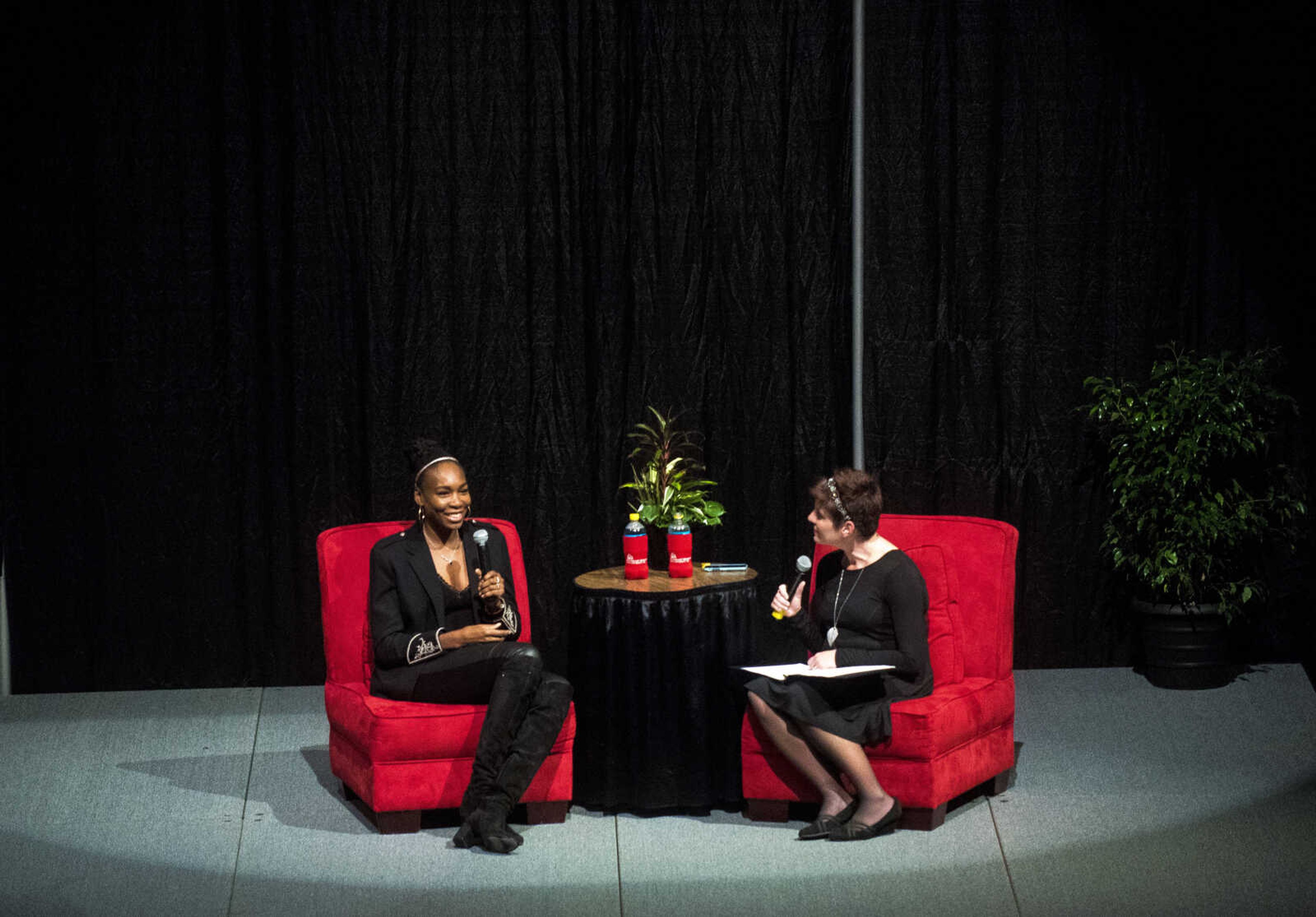 Venus Williams speaks during the Speakers Series interviewed by Brooke Clubbs, Instructor and Director of Health Communication at Southeast Missouri State University Thursday, Sept. 14, 2017 at the Show Me Center in Cape Girardeau.