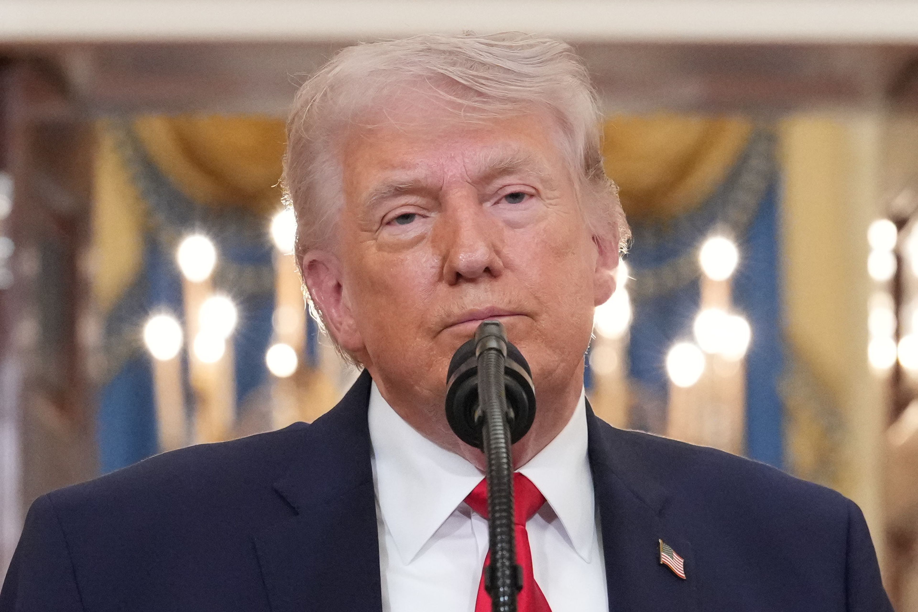 President Donald Trump speaks about the Iran war from the Cross Hall of the White House on Wednesday, April 1, 2026, in Washington. (AP Photo/Alex Brandon, Pool)