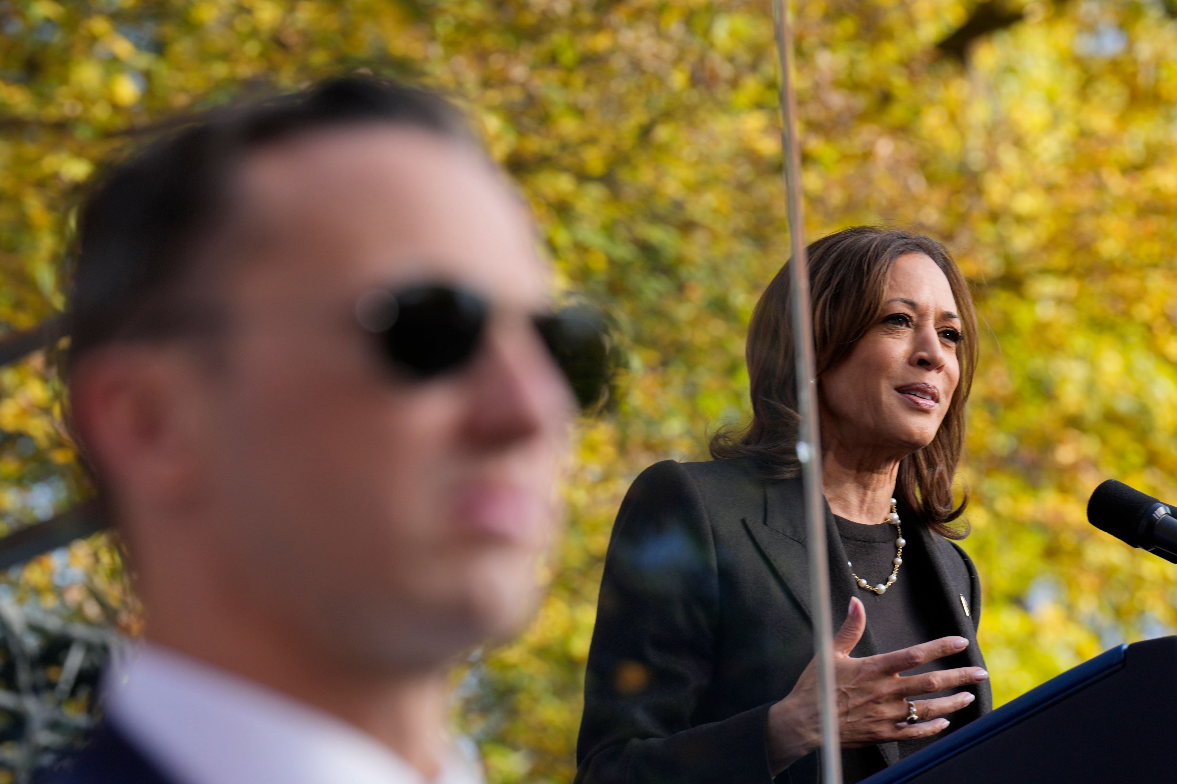 Democratic presidential nominee Vice President Kamala Harris speaks during a campaign event at Riverside Park in Grand Rapids, Mich., Friday, Oct. 18, 2024. (AP Photo/Jacquelyn Martin)