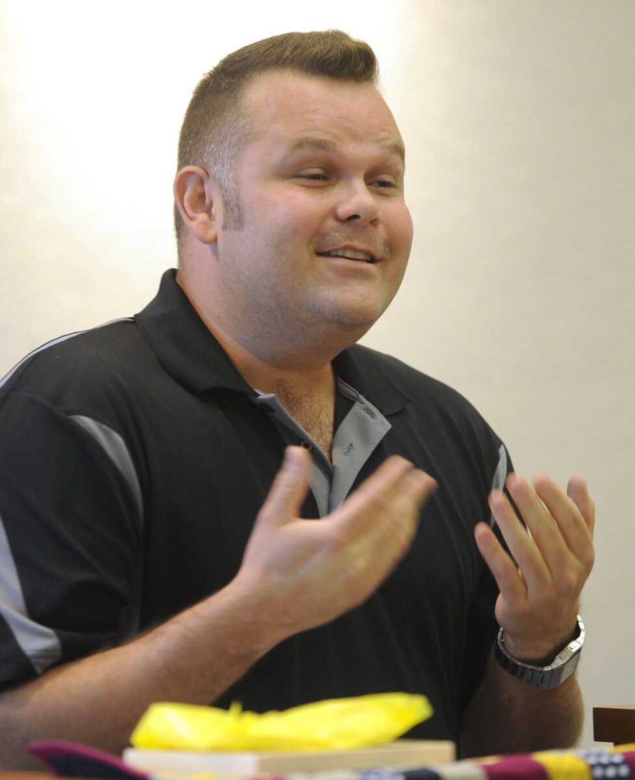 Kevin Huffman talks about Quilts of Valor on Monday during a meeting of the River Heritage Quilt Guild at the Cape Girardeau Public Library. (Fred Lynch)