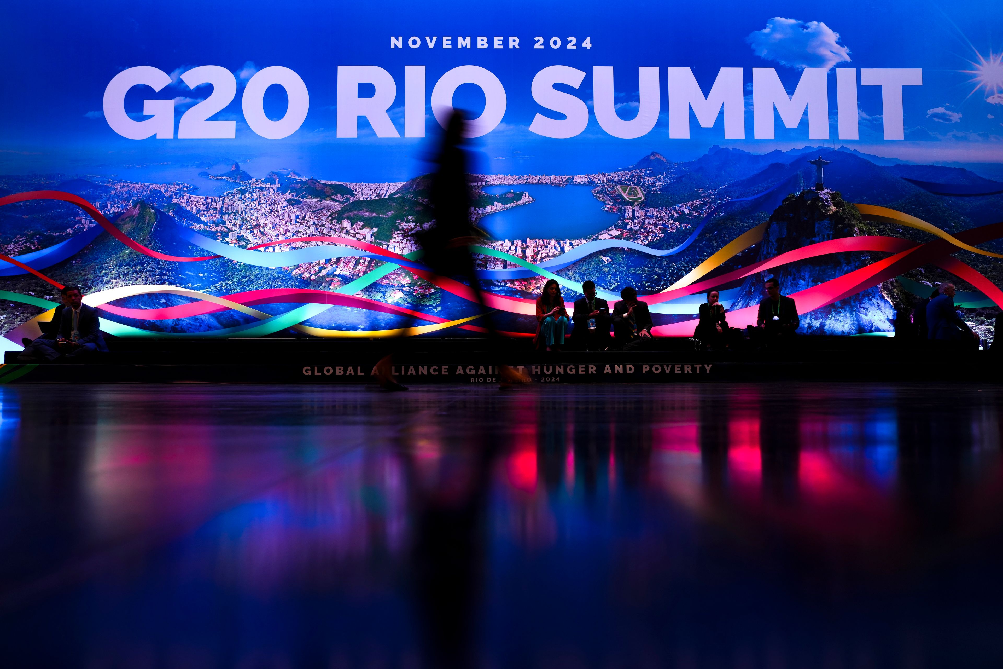 A sign announces the G20 Summit in Rio de Janeiro, Brazil, Monday, Nov. 18, 2024. (Sean Kilpatrick/The Canadian Press via AP)