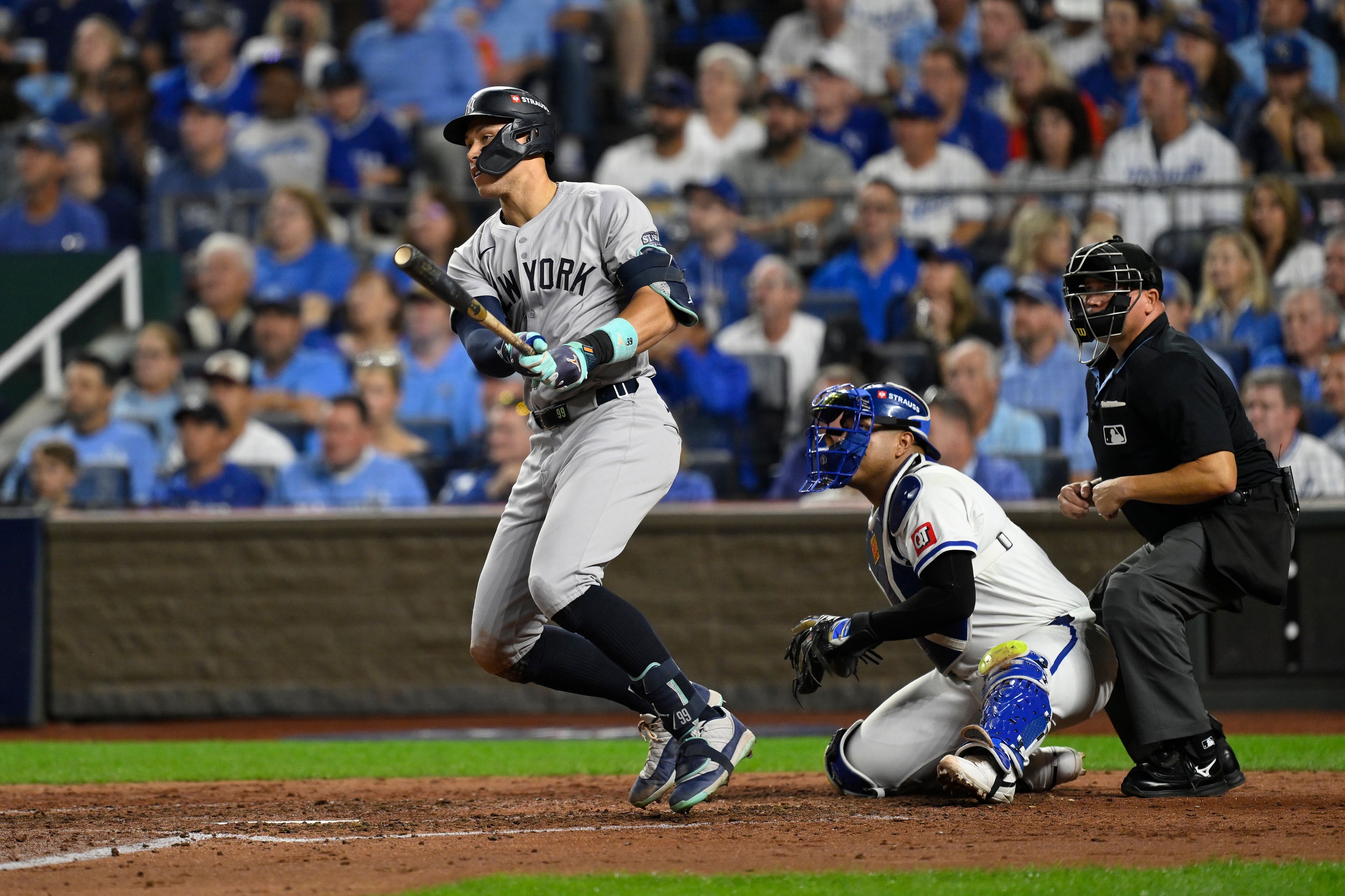 New York Yankees' Aaron Judge doubles during the sixth inning in Game 4 of an American League Division baseball playoff series against the Kansas City Royals Thursday, Oct. 10, 2024, in Kansas City, Mo. (AP Photo/Reed Hoffmann)