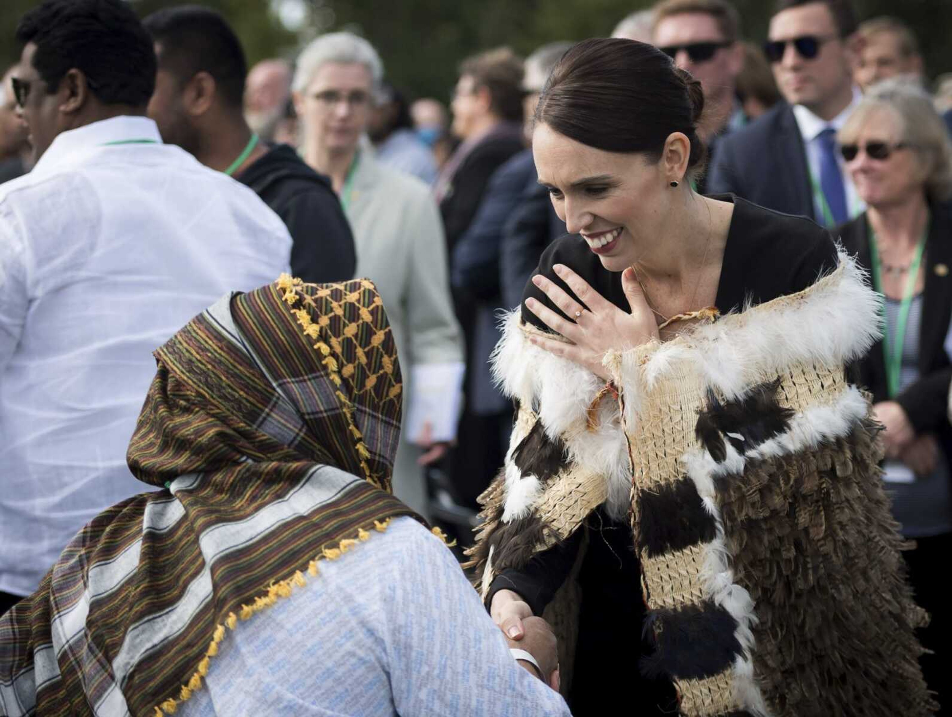 New Zealand Prime Minister Jacinda Ardern meets members of the Muslim community Friday following the national remembrance service for the victims of the March 15 mosques terrorist attack in Hagley Park, Christchurch, New Zealand.