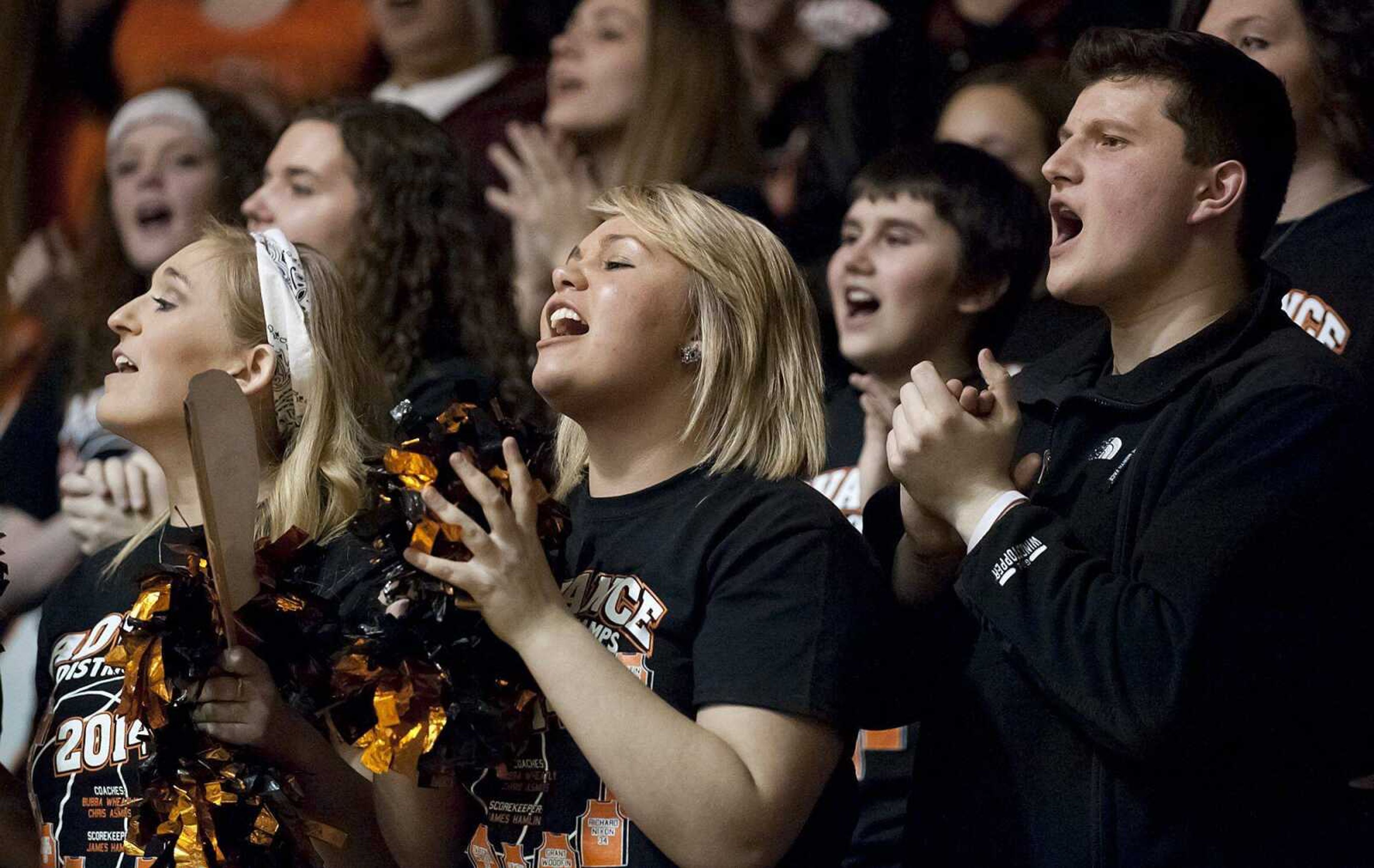 Advance students cheer during the Hornets' 63-52 win over the New Haven Shamrocks Wednesday, March 5, in the Class 2 sectional at Central high School in Park Hills, Mo. (Adam Vogler)