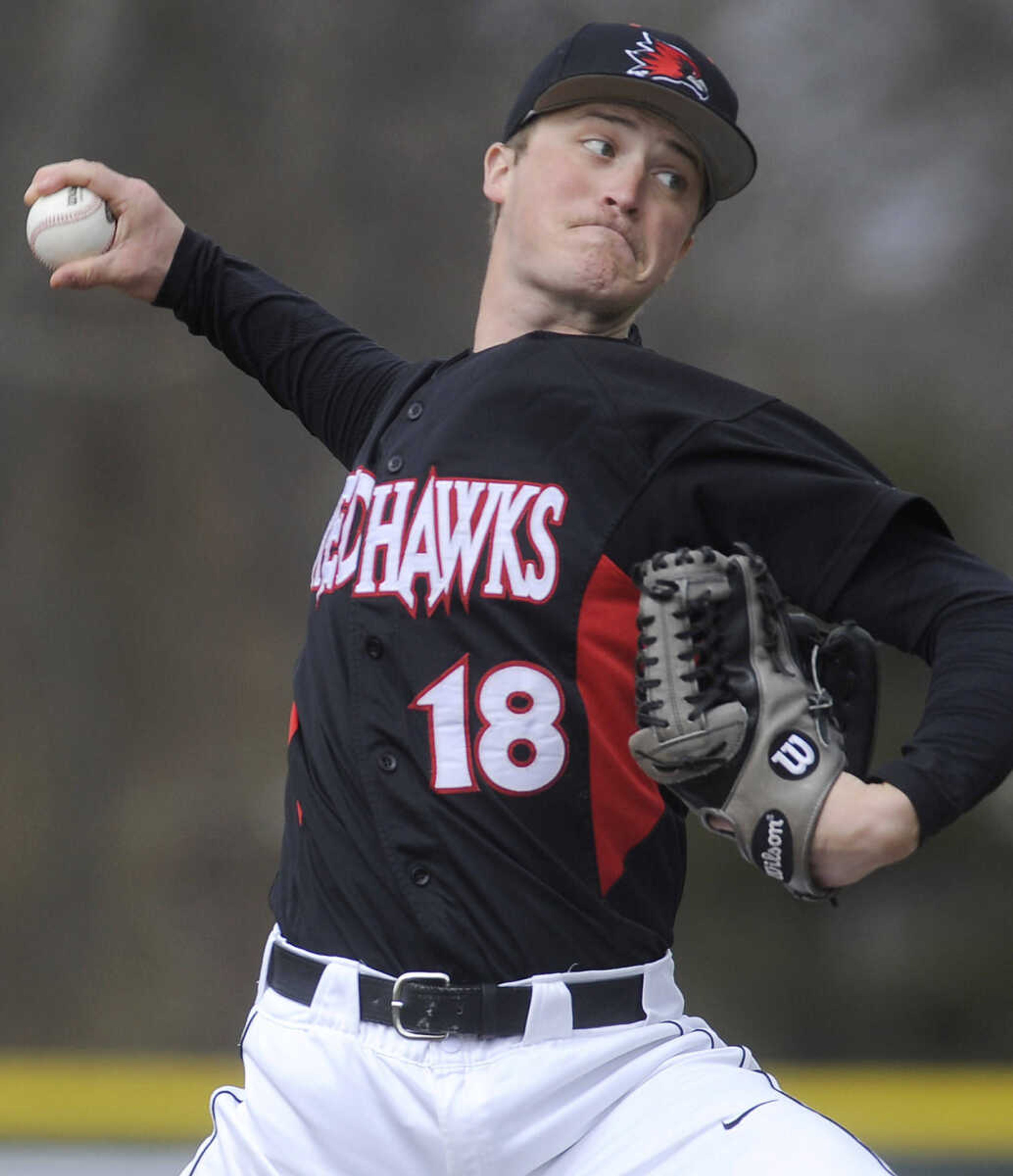 Southeast Missouri State starter Travis Hayes pitches to a UT Martin batter during the first inning Friday, March 20, 2015 at Capaha Field. (Fred Lynch)