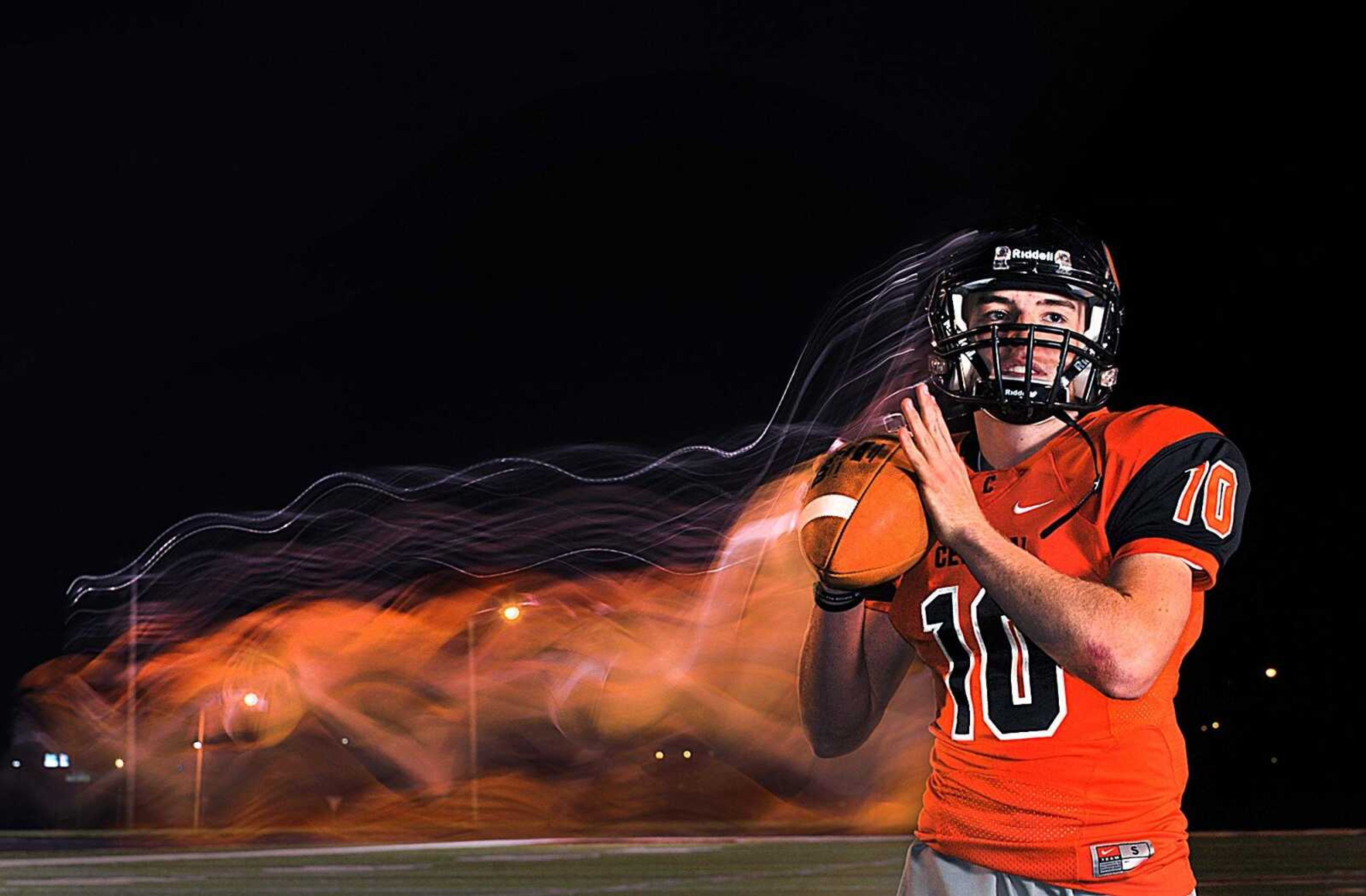 Cape Central quarterback Peyton Montgomery, shown here in a photo illustration comprised of two images, will bring his speed to Saturday's Class 4 state championship game against Webb City at the Edward Jones Dome in St. Louis, Missouri. (Laura Simon)