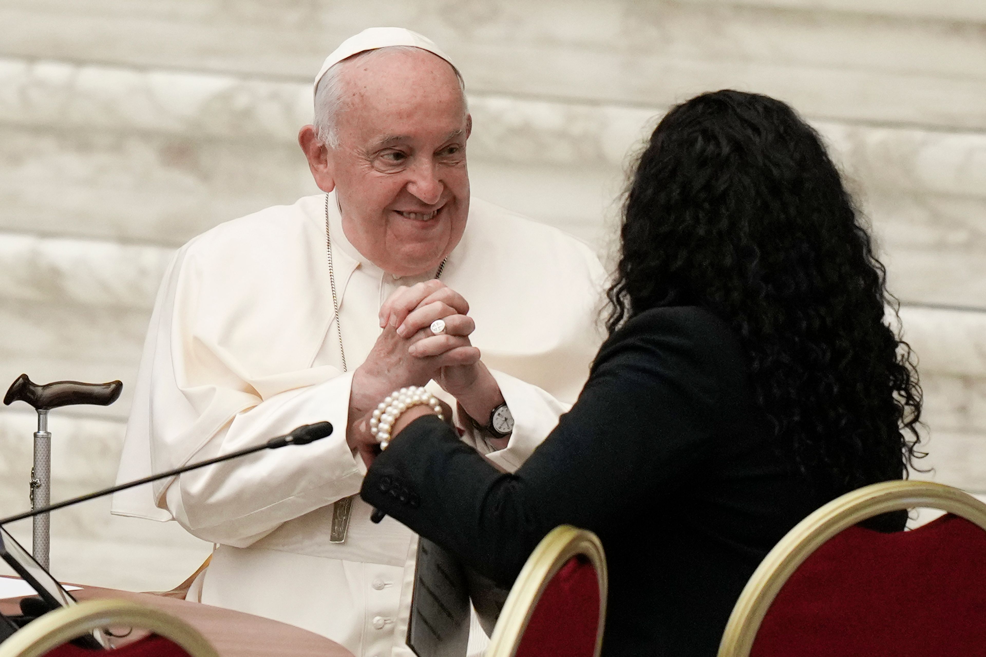 Pope Francis attends a session of the 16th General Assembly of the Synod of Bishops at the Paul VI Hall at the Vatican, Monday, Oct. 21, 2024. (AP Photo/Andrew Medichini)