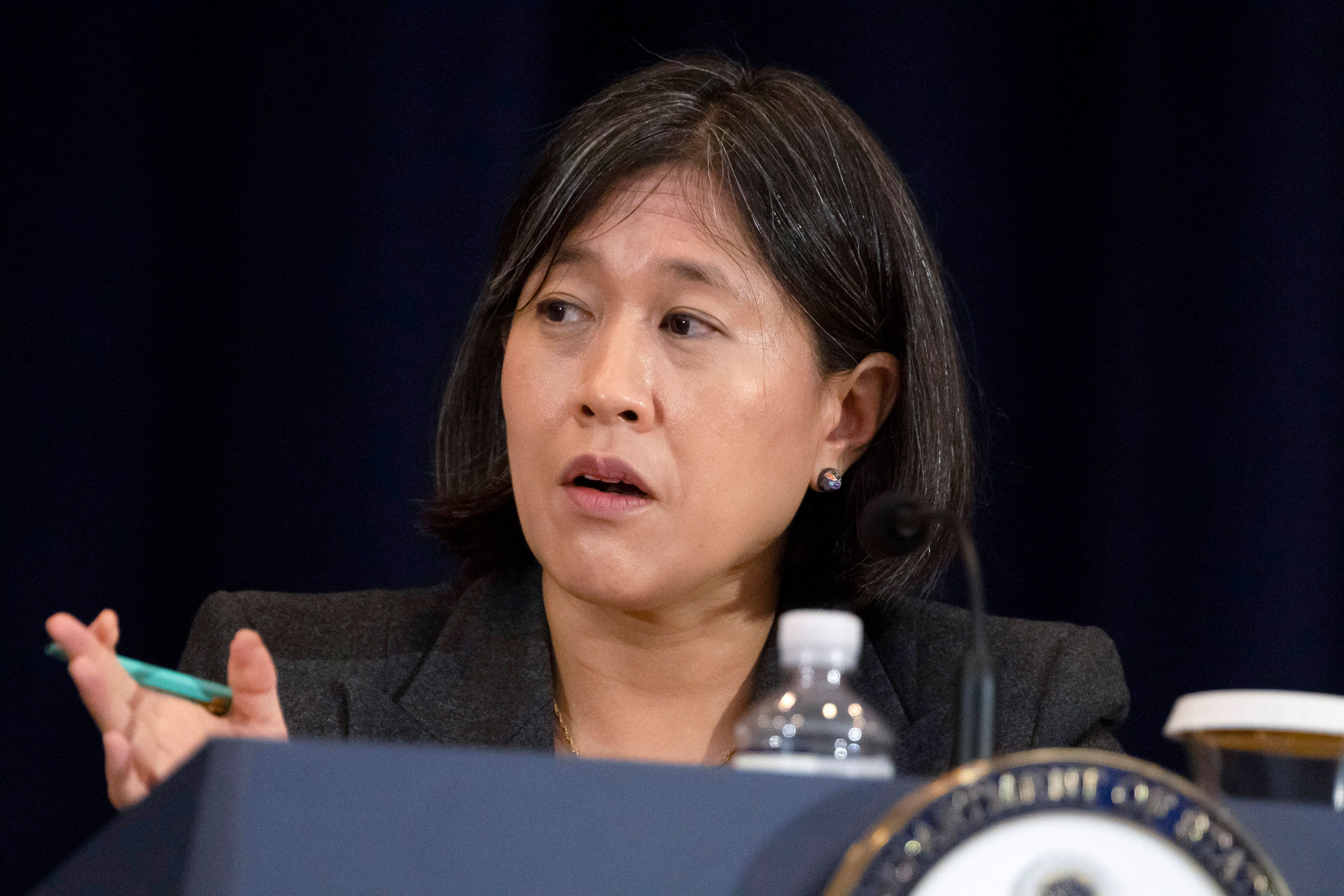 FILE - U.S. Trade Representative Katherine Tai speaks during a media briefing at the State Department, Sept. 29, 2023, in Washington. (AP Photo/Mark Schiefelbein, File)