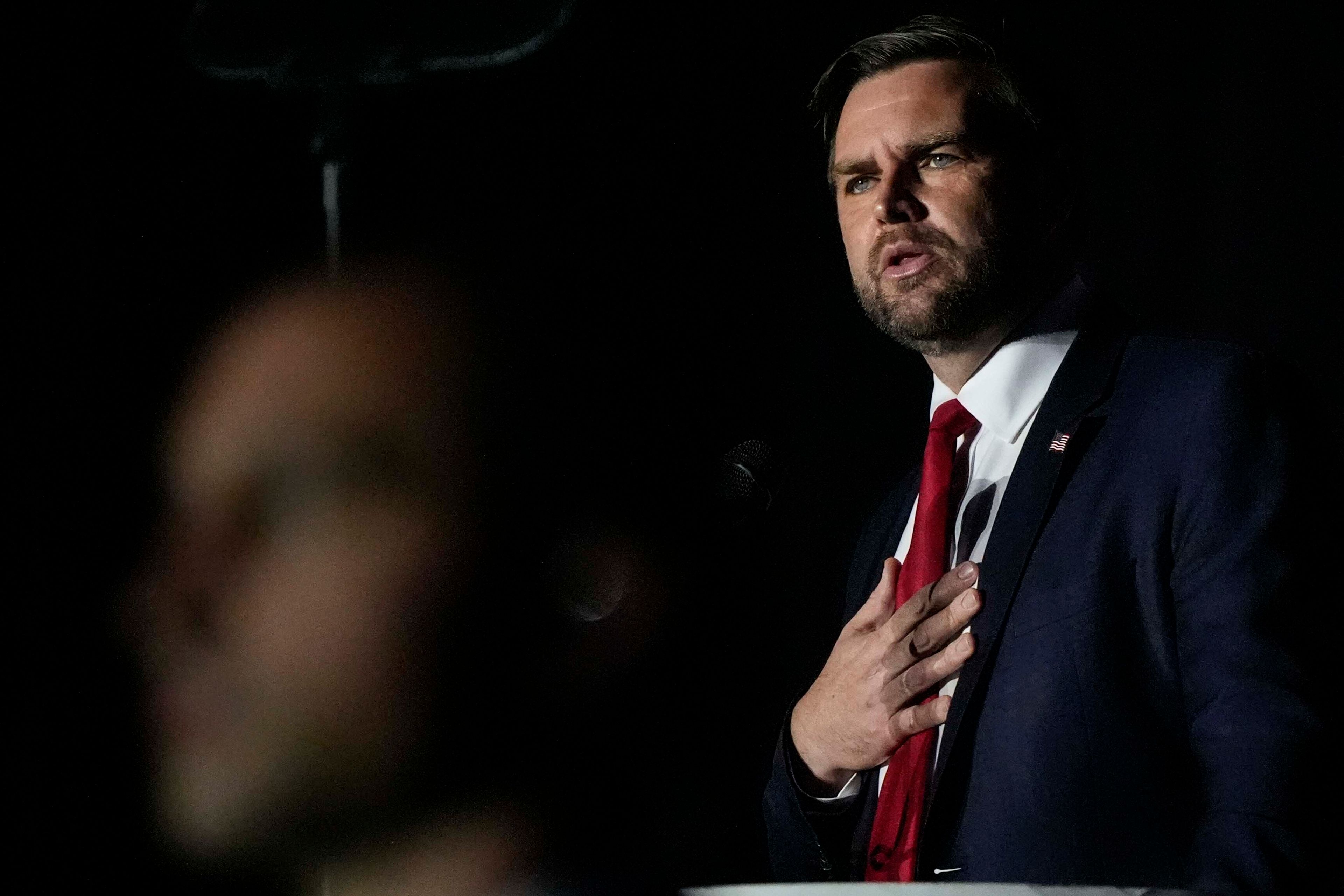 Republican vice presidential nominee Sen. JD Vance, R-Ohio, speaks during the Georgia Faith and Freedom Coalition's dinner at the Cobb Galleria Centre, Monday, Sept. 16, 2024, in Atlanta. (AP Photo/Mike Stewart)