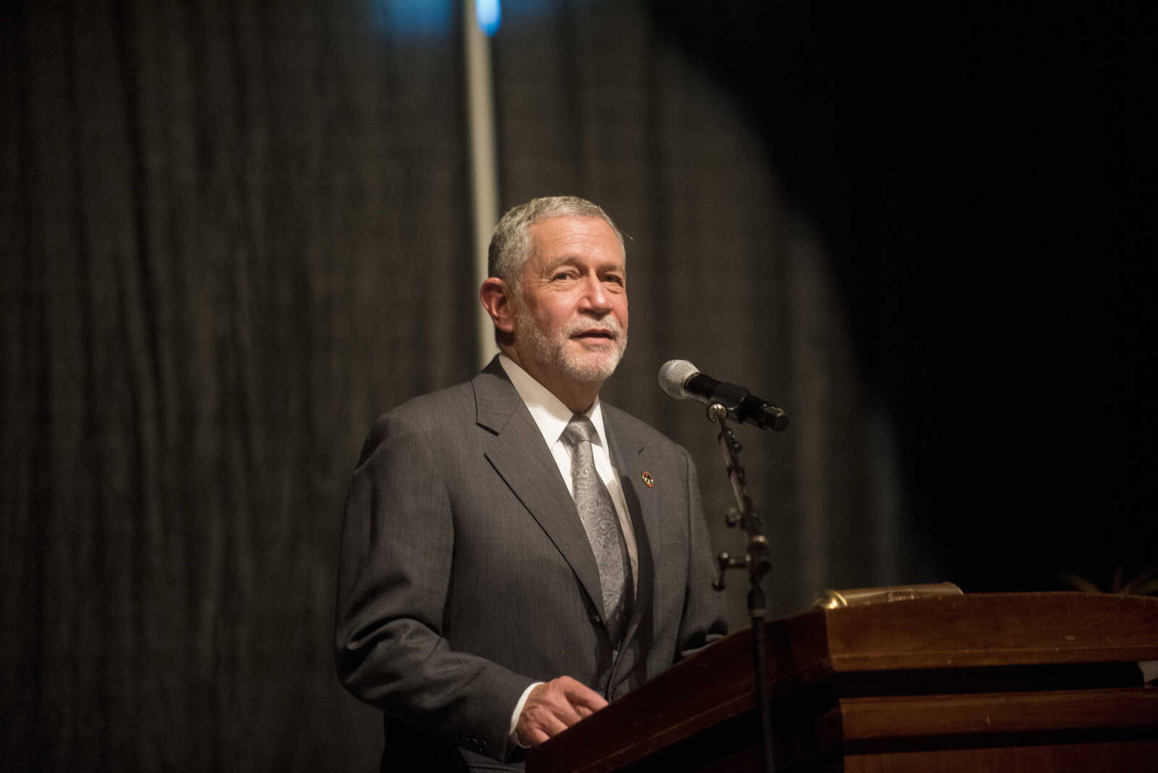 Dr. Carlos Vargas-Aburto makes an introduction during the Speakers Series at Southeast Missouri State University Thursday, Sept. 14, 2017 at the Show Me Center in Cape Girardeau.