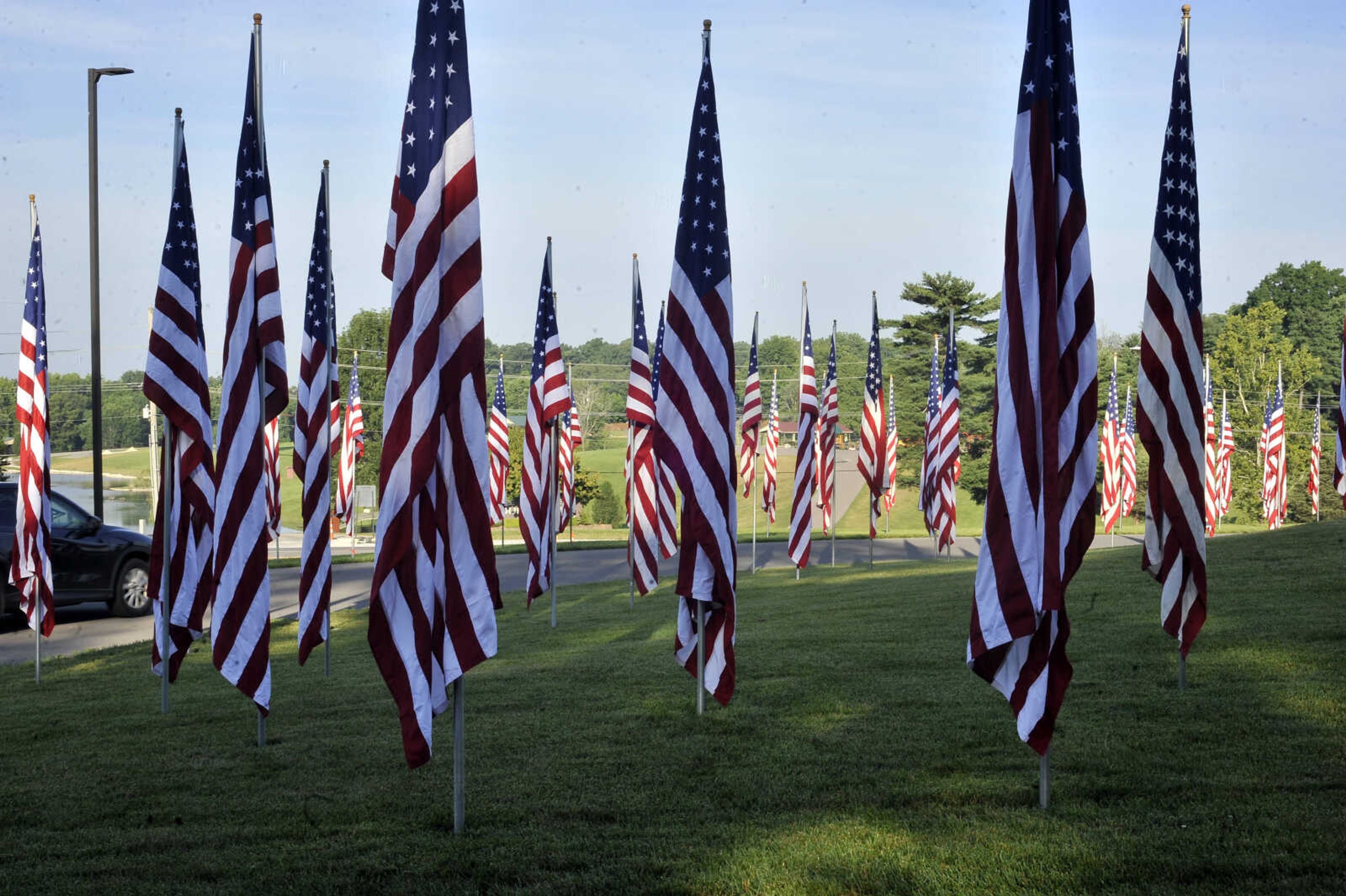 Prior to July 4, Adult and Teen Challenge volunteers installed 741 flags at Cape County Park - North.&nbsp;