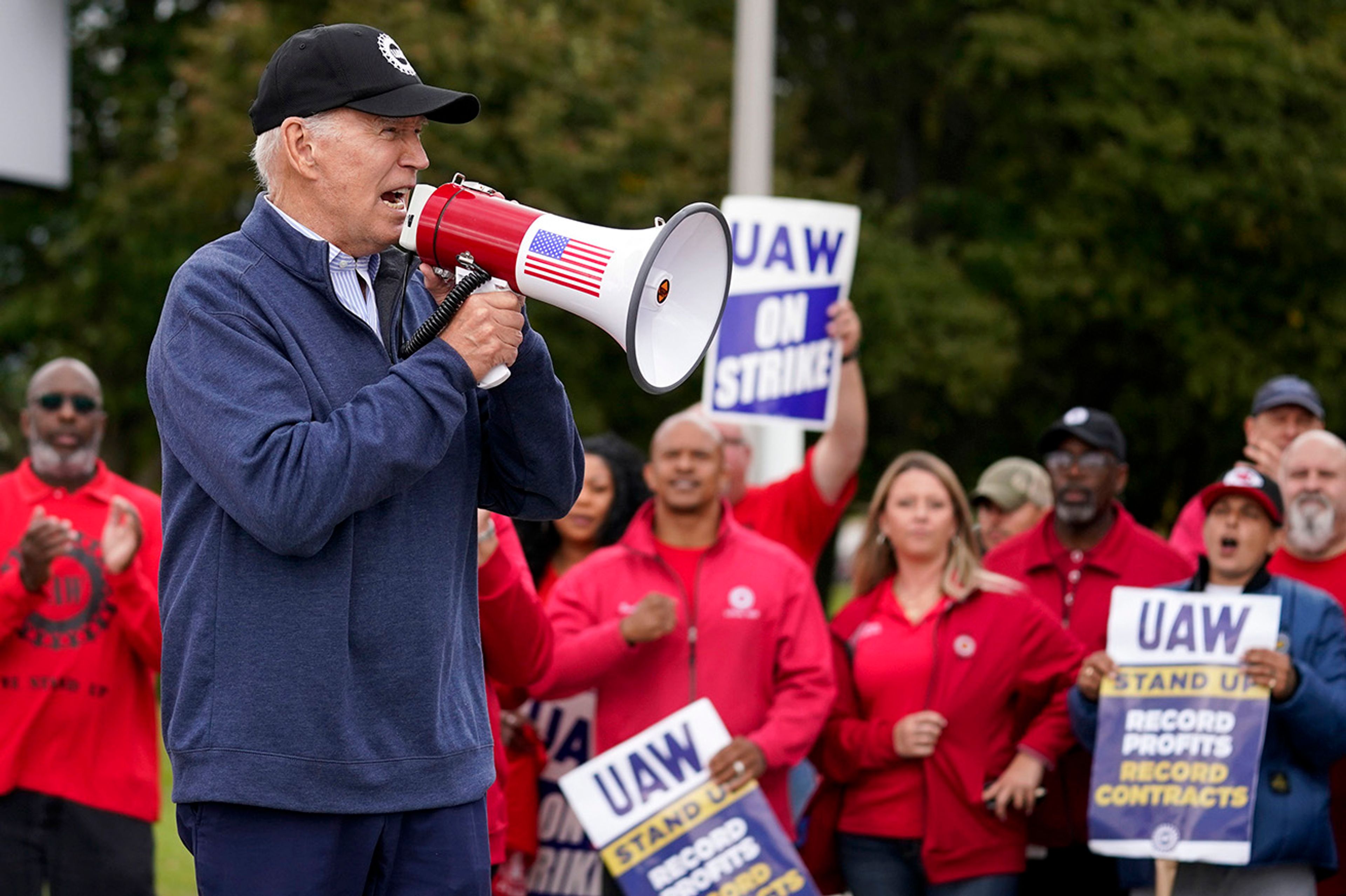 President Joe Biden joins striking United Auto Workers on the picket line, Tuesday, Sept. 26, 2023, in Van Buren Township, Mich.