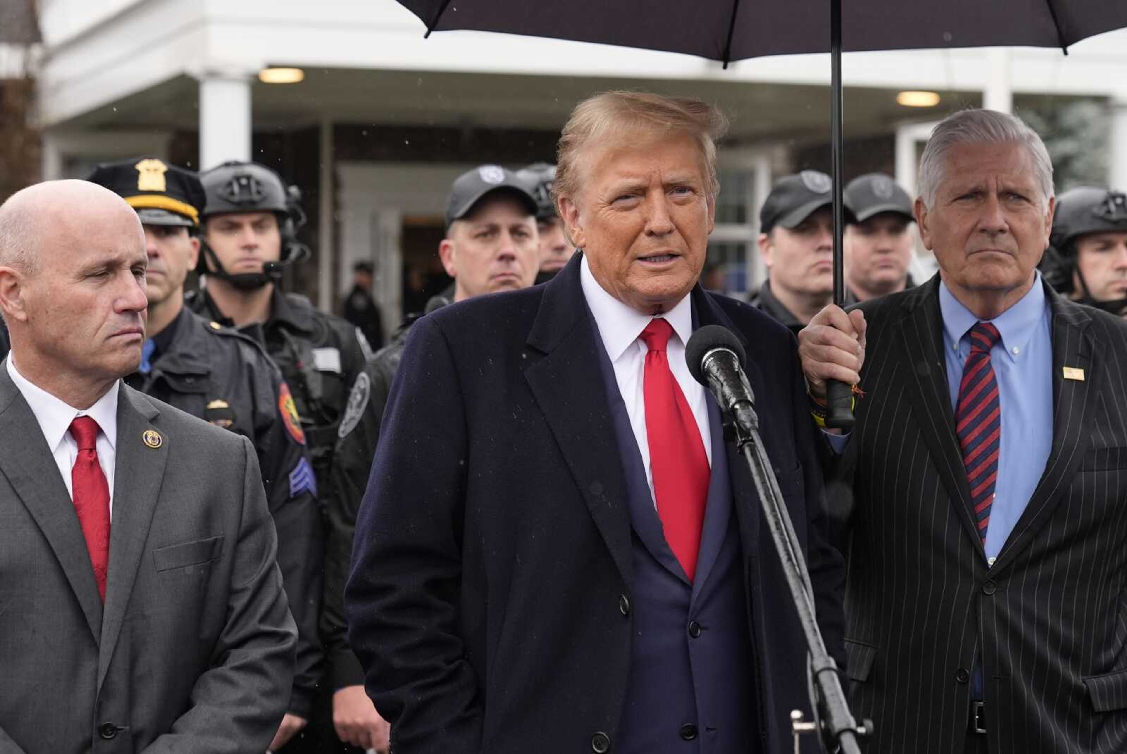 Former President Donald Trump speaks during a news conference after attending the wake of New York City police officer Jonathan Diller, Thursday, March 28, 2024,  in Massapequa Park, N.Y. Diller was shot and killed Monday during a traffic stop, the city's mayor said. It marked the first slaying of an NYPD officer in two years. (AP Photo/Frank Franklin II)