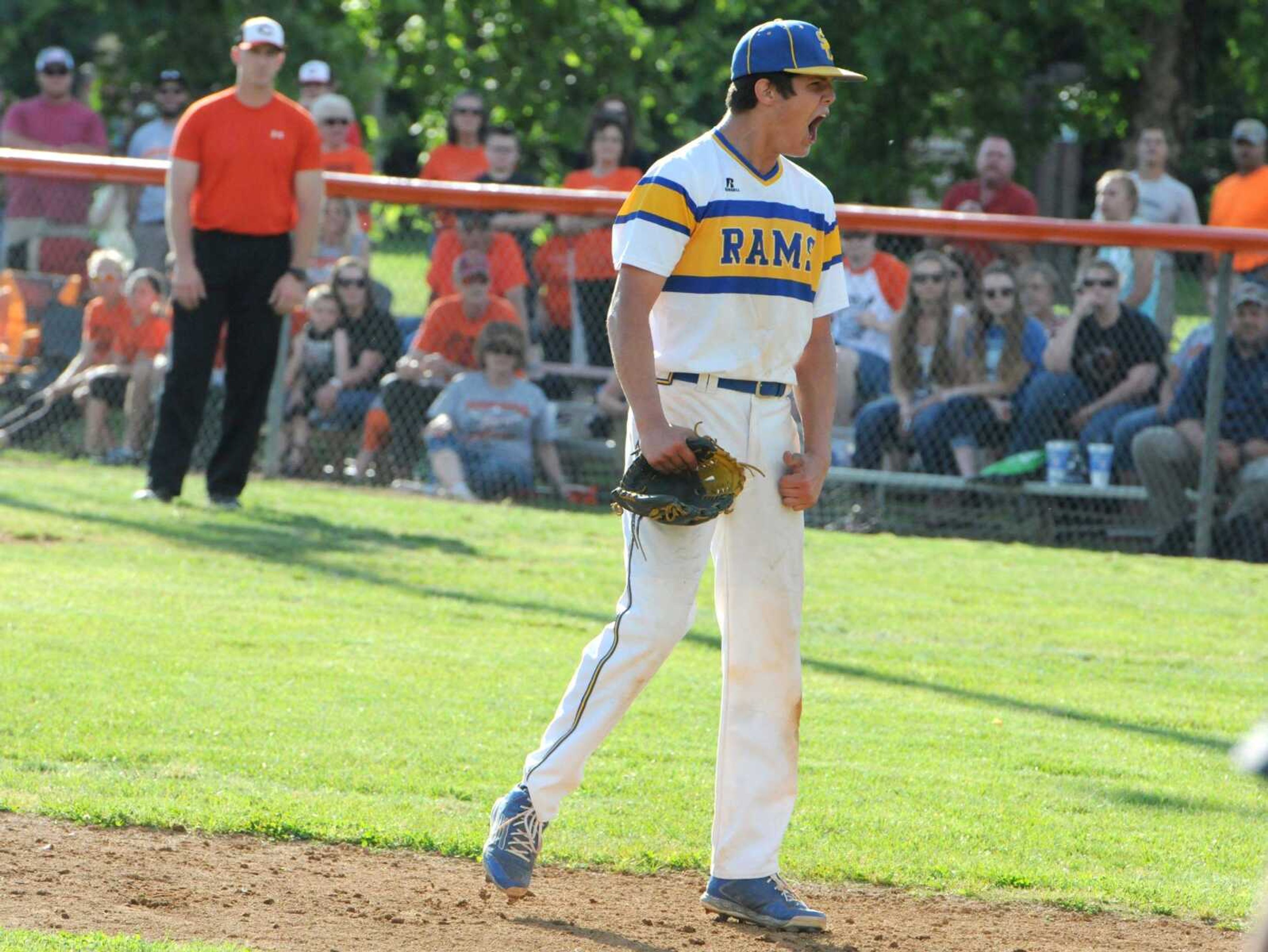 Scott City pitcher Jordan Kluesner celebrates after striking out the side in the seventh inning against Clearwater during the MSHSAA Class 3 quarterfinals on Wednesday in Piedmont.