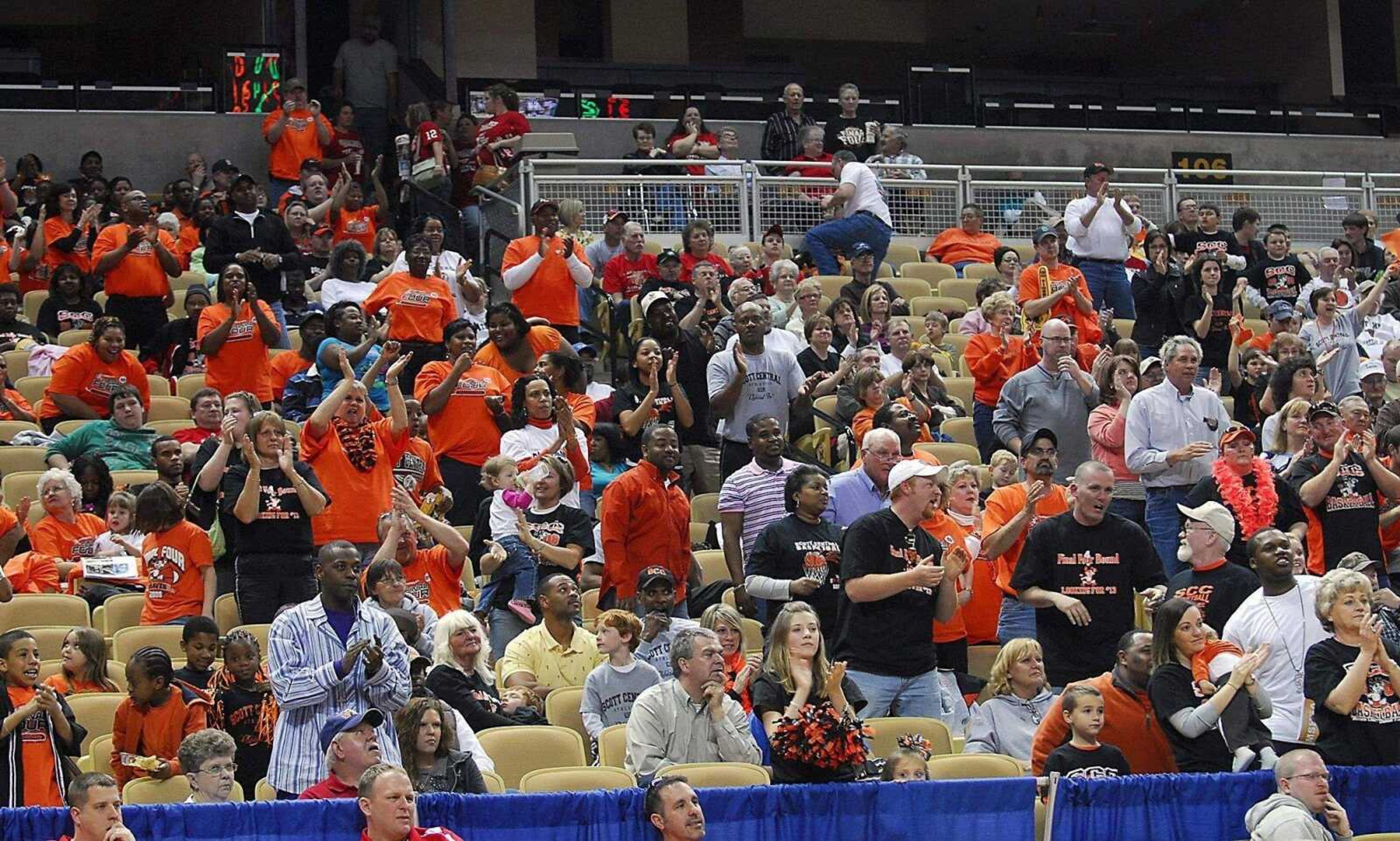 KIT DOYLE ~ kdoyle@semissourian.comScott County Central fans cheer Thursday, March 19, 2009, in the Class 1 state semifinal at Mizzou Arena in Columbia.