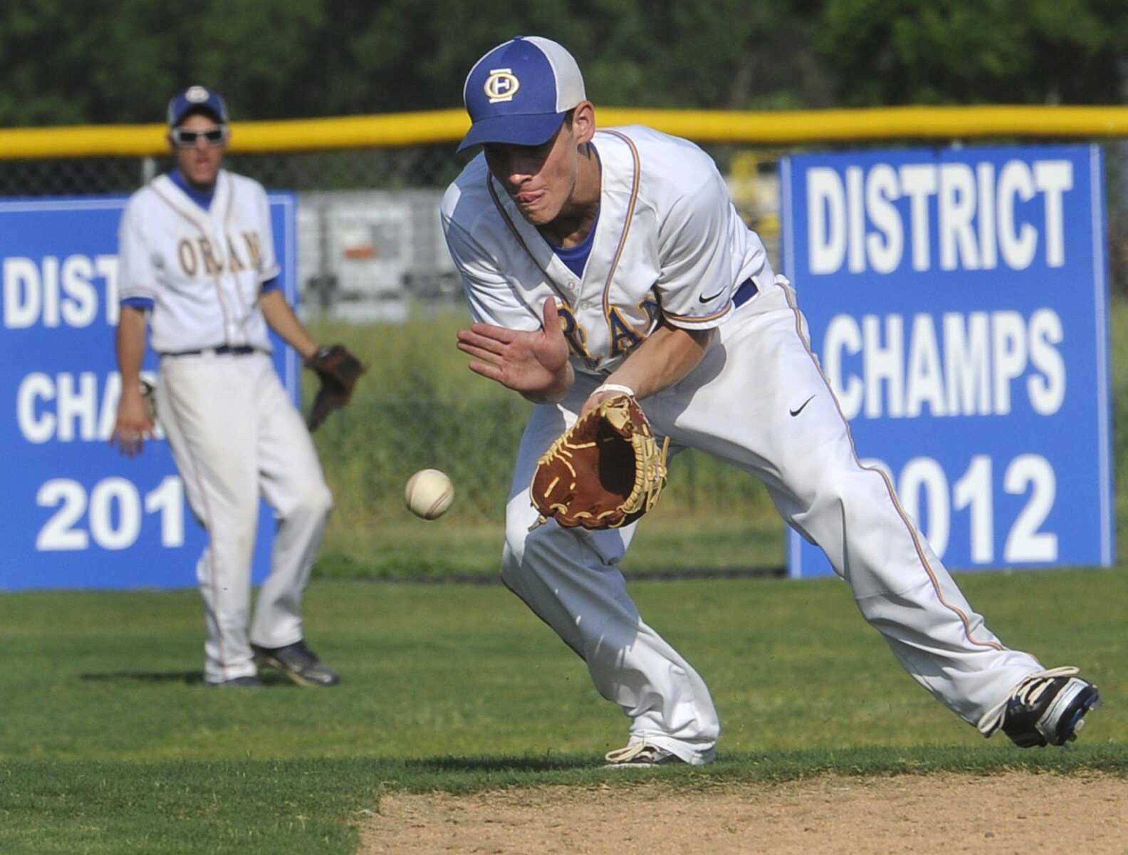 Oran shortstop Kody Moore fields a Cooter ground ball during the sixth inning of the Class 1 sectional game Monday, May 20, 2013 in Cooter, Mo. (Fred Lynch)