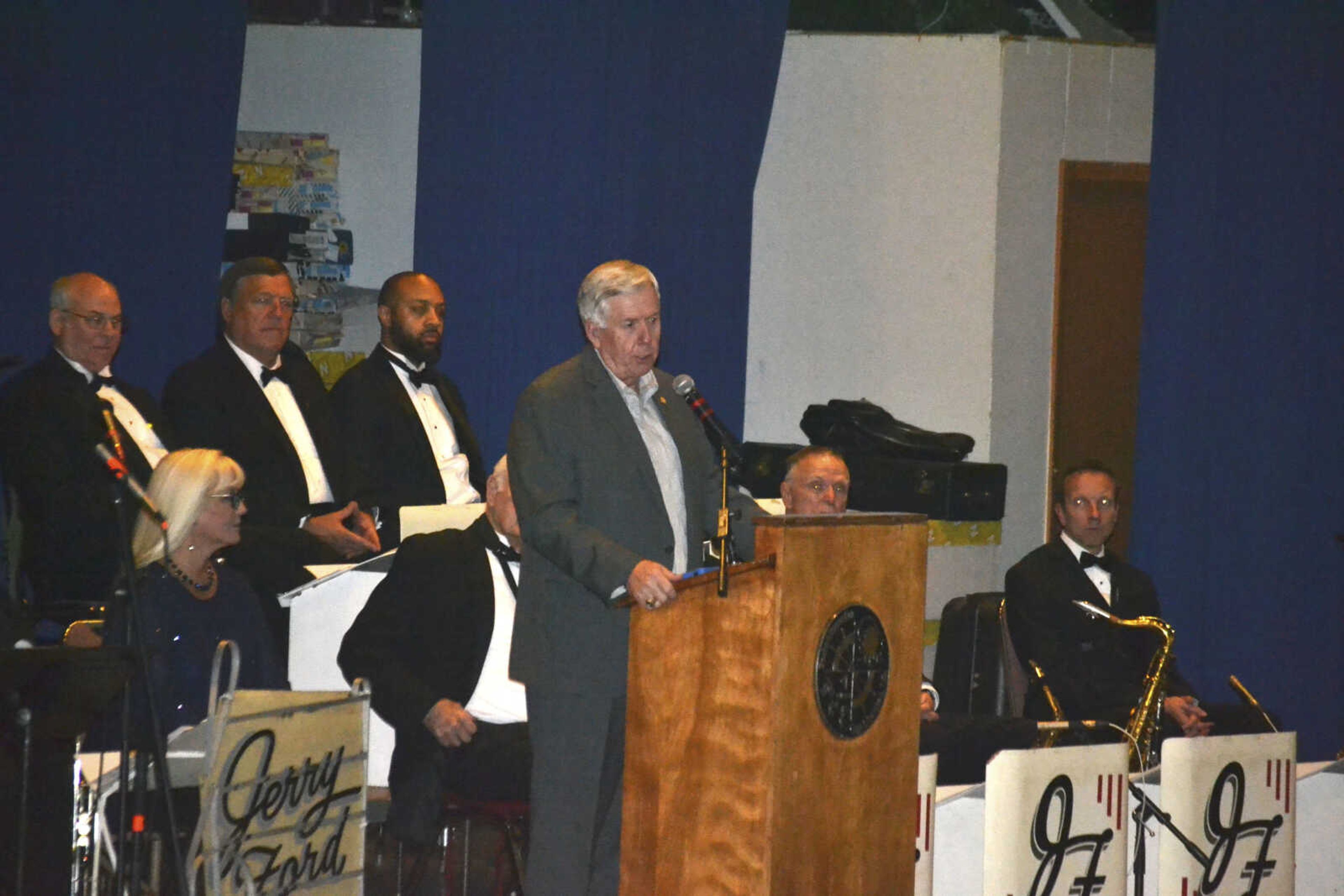 Gov. Mike Parson gives a speech during the 

















inaugural Spirit of Democracy celebration
Saturday at the Arena Building in Cape Girardeau.