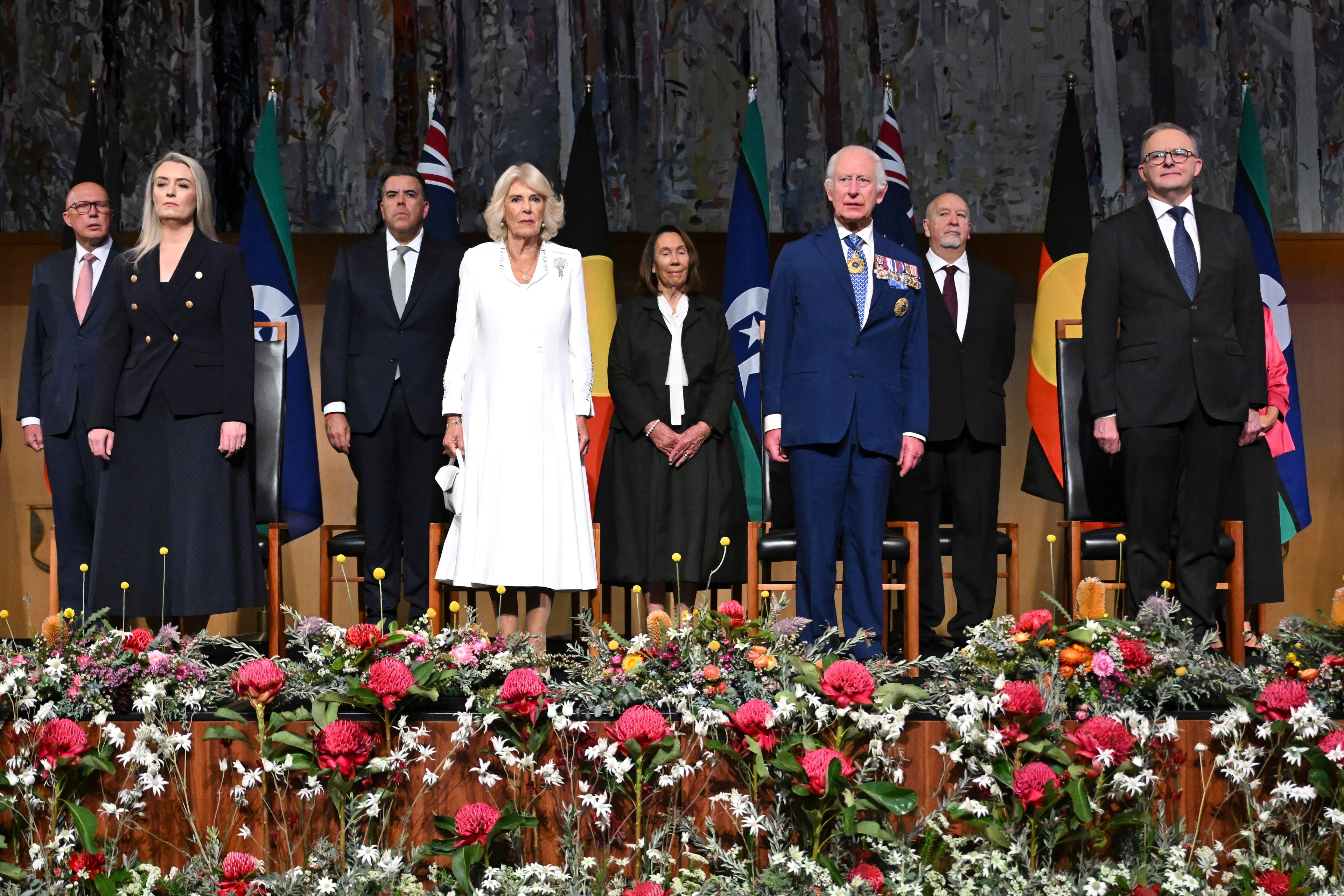 Britain's King Charles III and Queen Camilla attend a Parliamentary reception hosted by Australian Prime Minister Anthony Albanese and partner Jodie Jaydon at Parliament House in Canberra,, Australia, Monday, Oct. 21, 2024. (Lukas Coch/Pool Photo via AP)