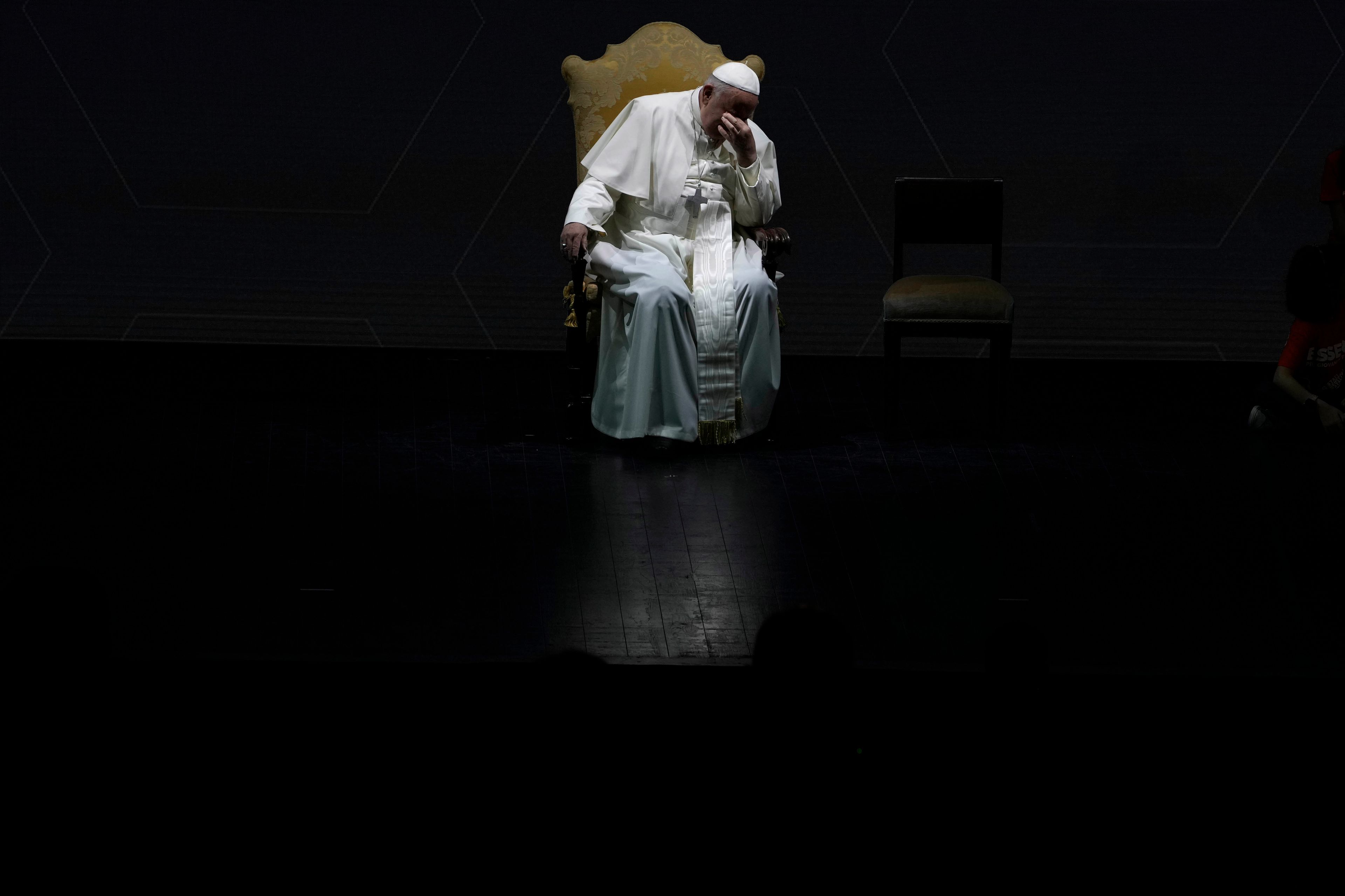 Pope Francis gestures during an annual gathering of pro-family organizations at the Auditorium della Conciliazione, in Rome, on May 10, 2024. (AP Photo/Alessandra Tarantino)