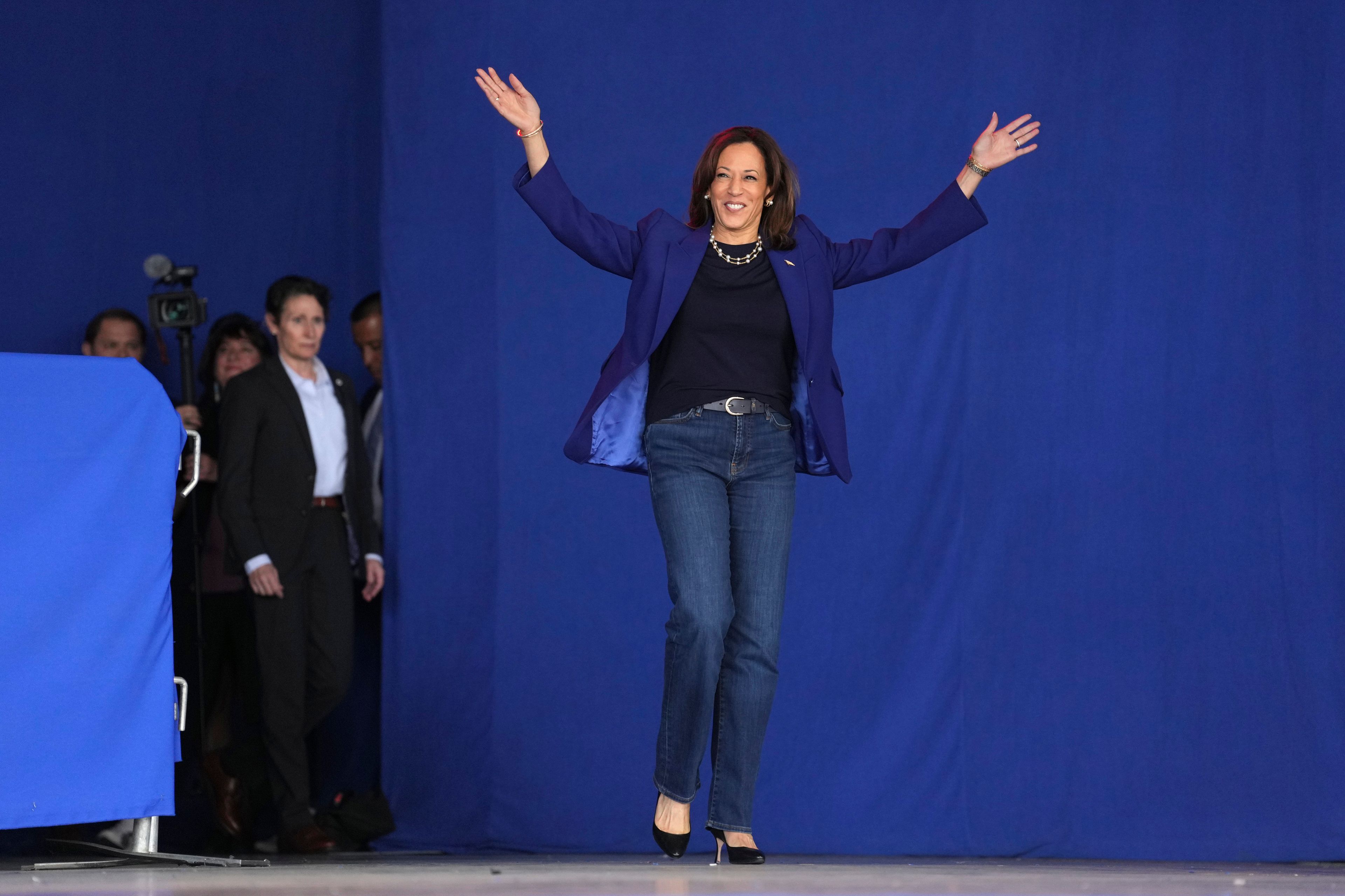 Democratic presidential nominee Vice President Kamala Harris arrives to speak during a campaign event at Talking Stick Resort Amphitheatre, Thursday, Oct. 31, 2024, in Phoenix. (AP Photo/Ross D. Franklin)