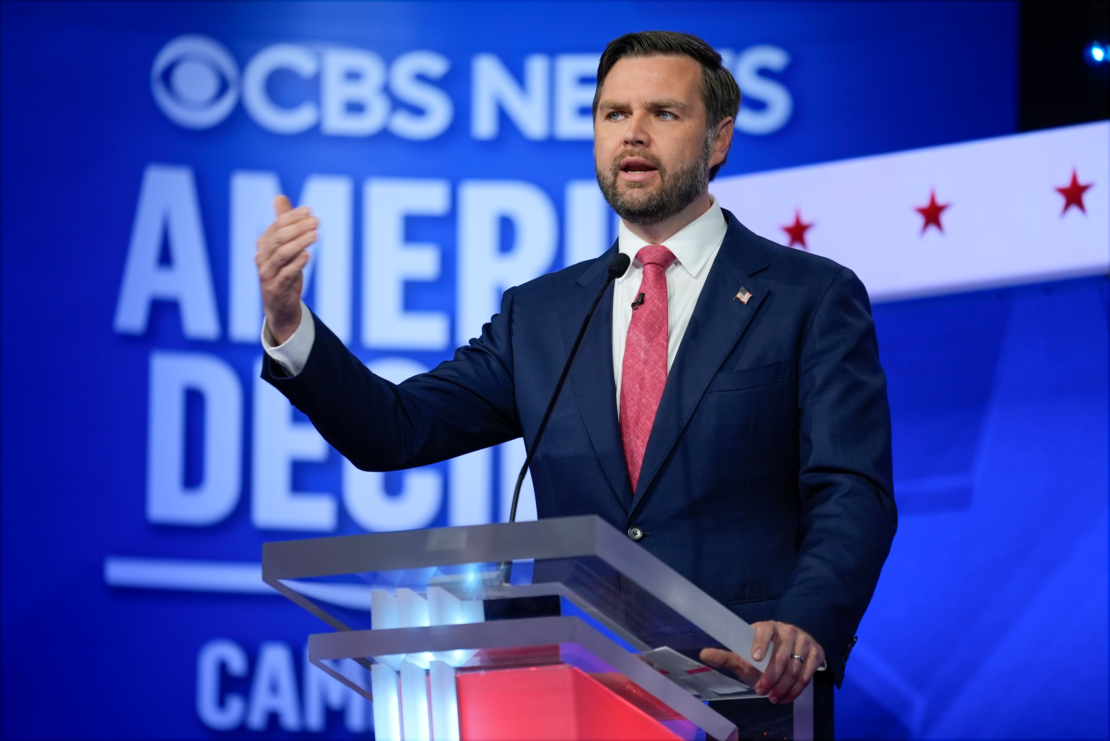 Republican vice presidential nominee Sen. JD Vance, R-Ohio, speaks during a vice presidential debate hosted by CBS News, with Democratic vice presidential candidate Minnesota Gov. Tim Walz, Tuesday, Oct. 1, 2024, in New York. (AP Photo/Matt Rourke)