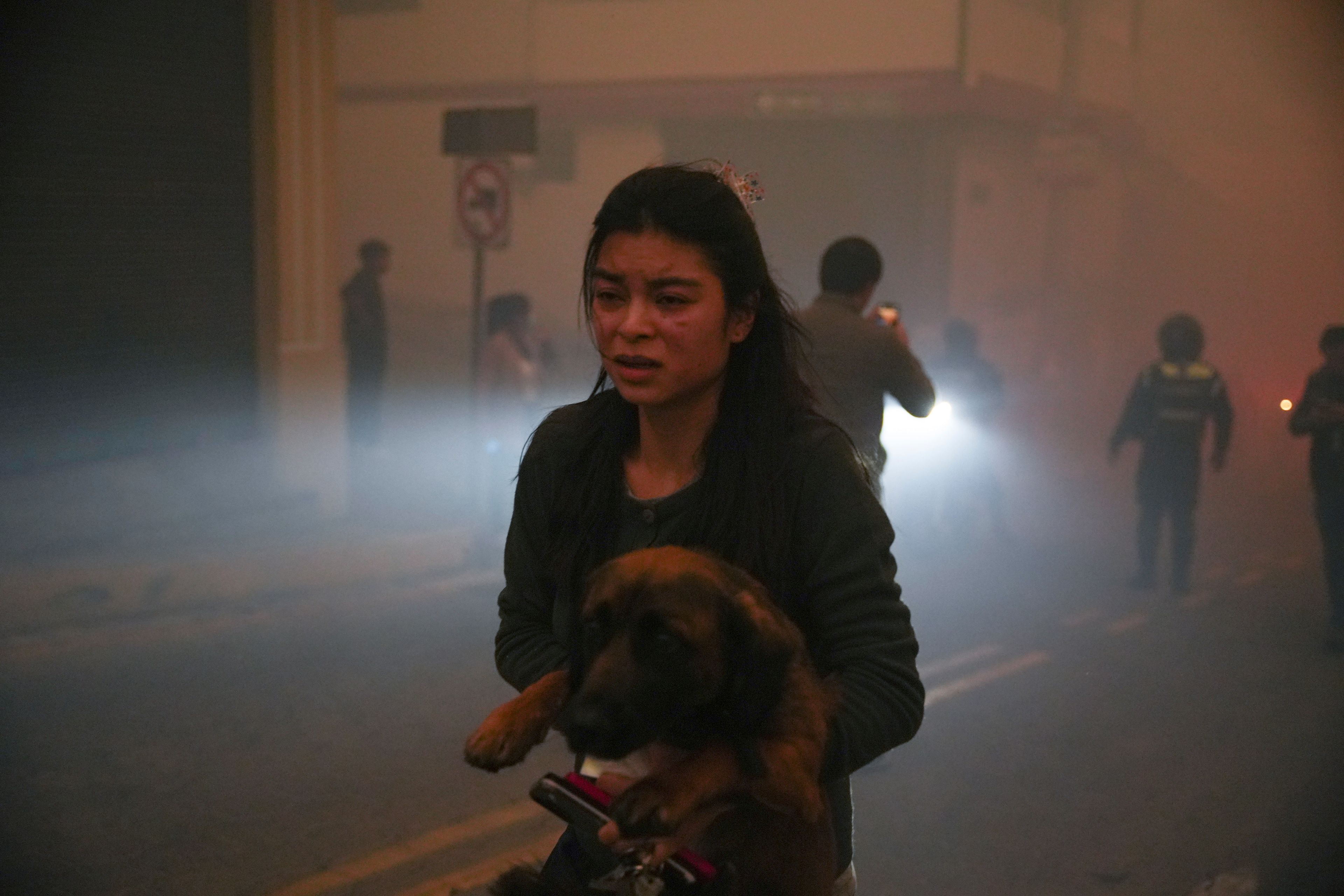 A resident carries a dog amid smoke from fires in a forested area in the Guapulo neighborhood of Quito, Ecuador, Tuesday, Sept. 24, 2024. (AP Photo/Carlos Noriega)