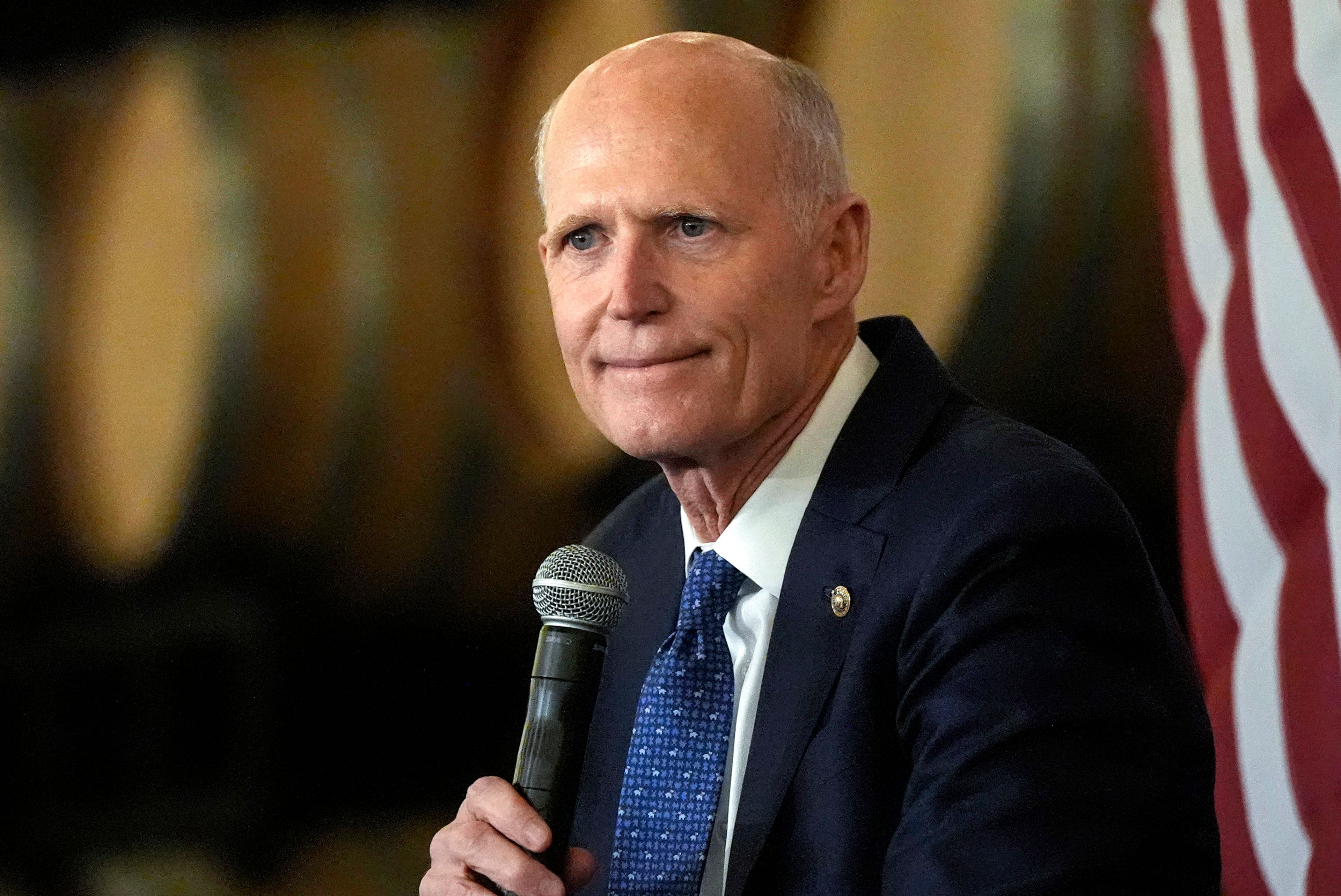 FILE - Sen. Rick Scott, R-Fla. speaks during a town-hall style meeting, Sept. 3, 2024, in Braselton, Ga. (AP Photo/Mike Stewart, File)