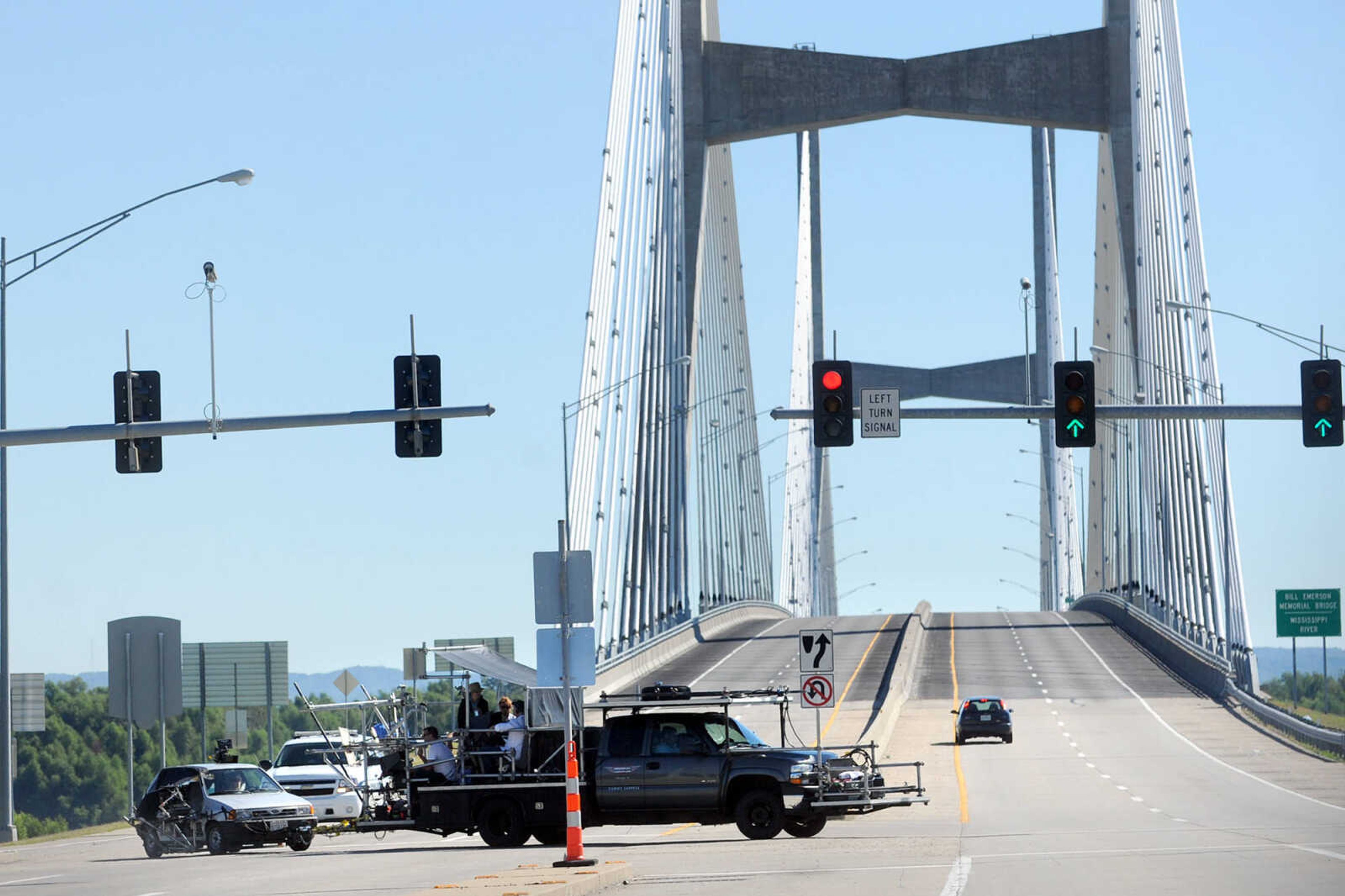 LAURA SIMON ~ lsimon@semissourian.com

Scenes for 20th Century Fox's feature film "Gone Girl", are filmed on the Bill Emerson Memorial Bridge, Monday, Sept. 23, 2013, in Cape Girardeau.