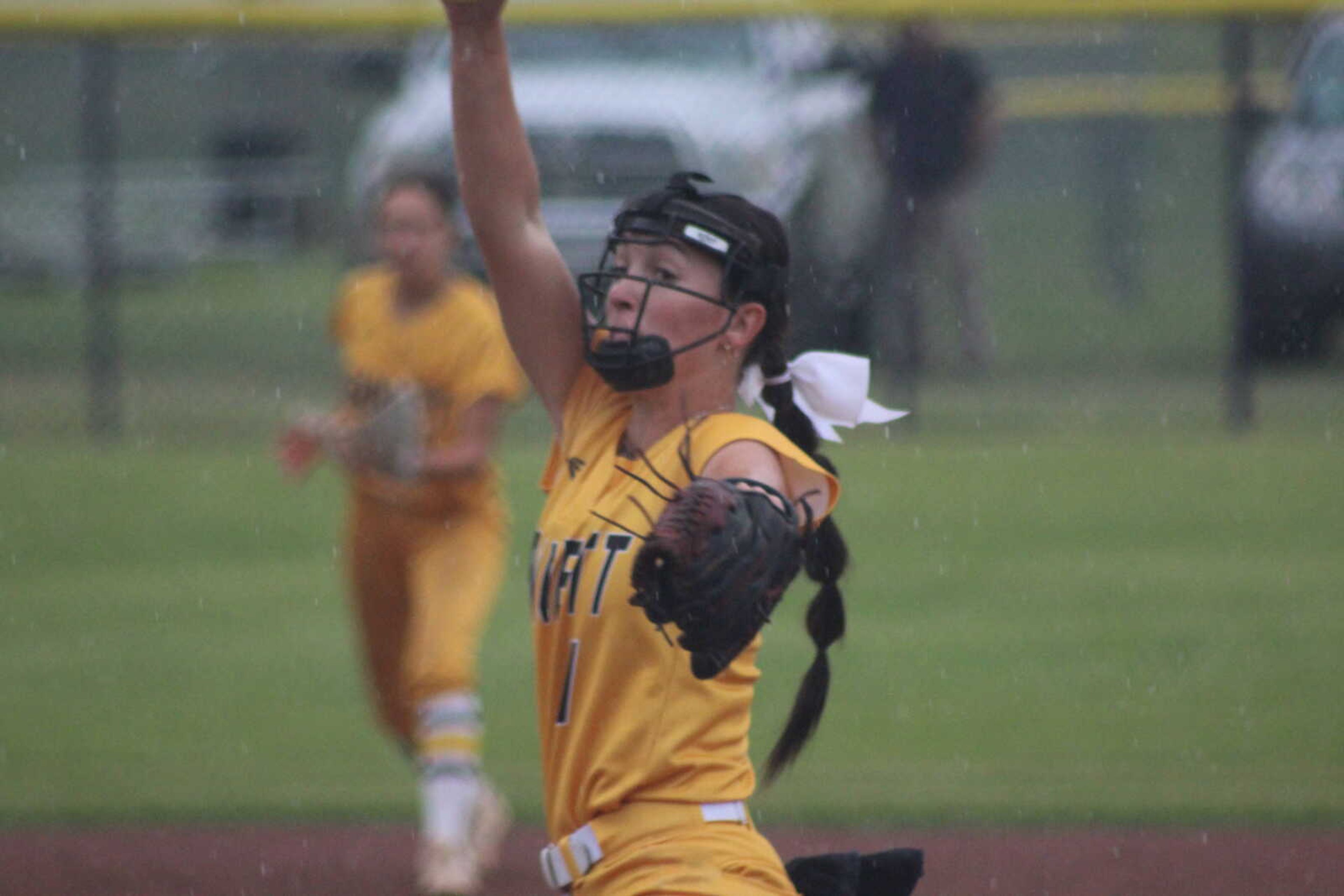 Kennett Lady Indians ace Handley McAtee in the circle at a rain-soaked game earlier this season at Indian Park.