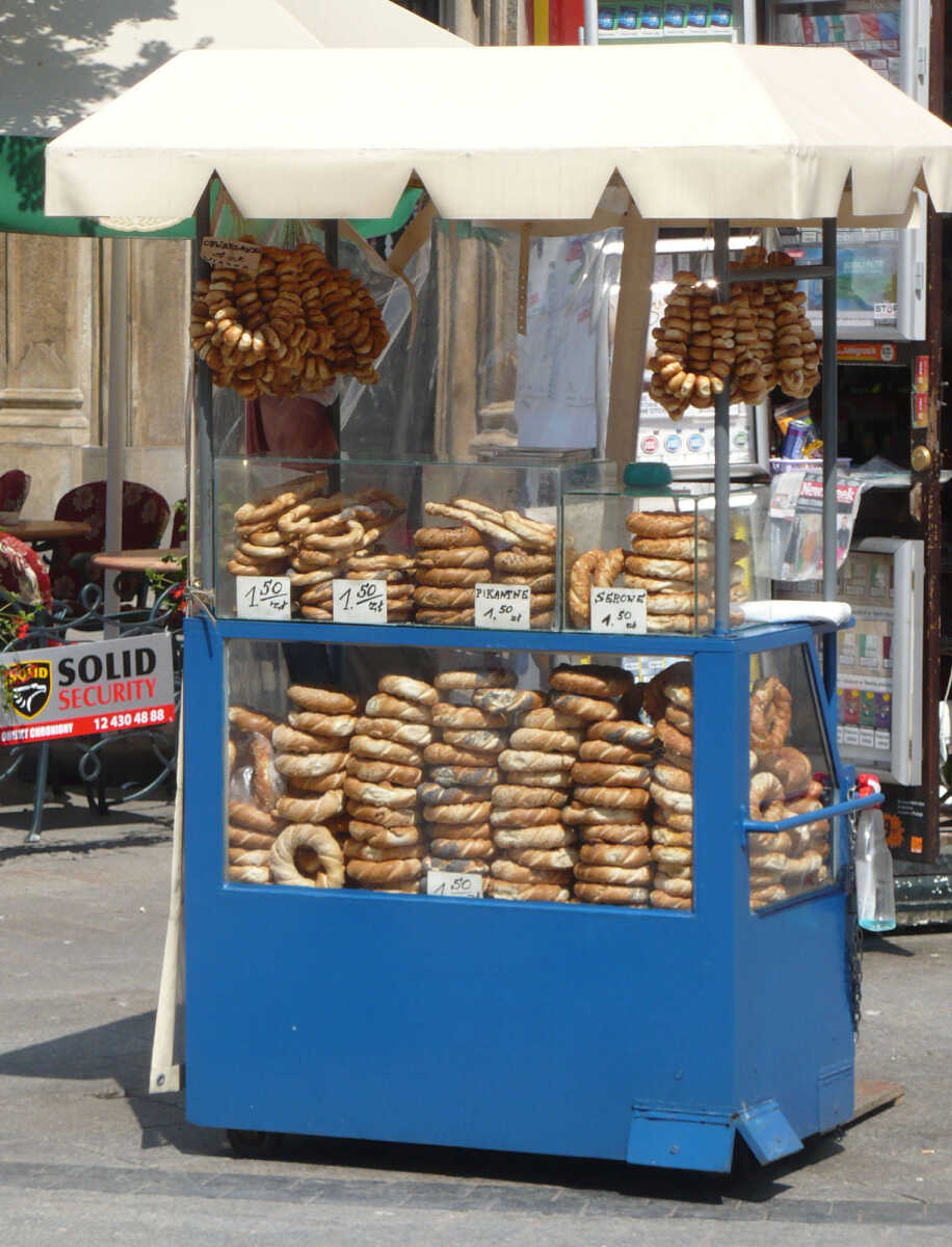 Polish pretzels arrayed in a street cart in Krakow.