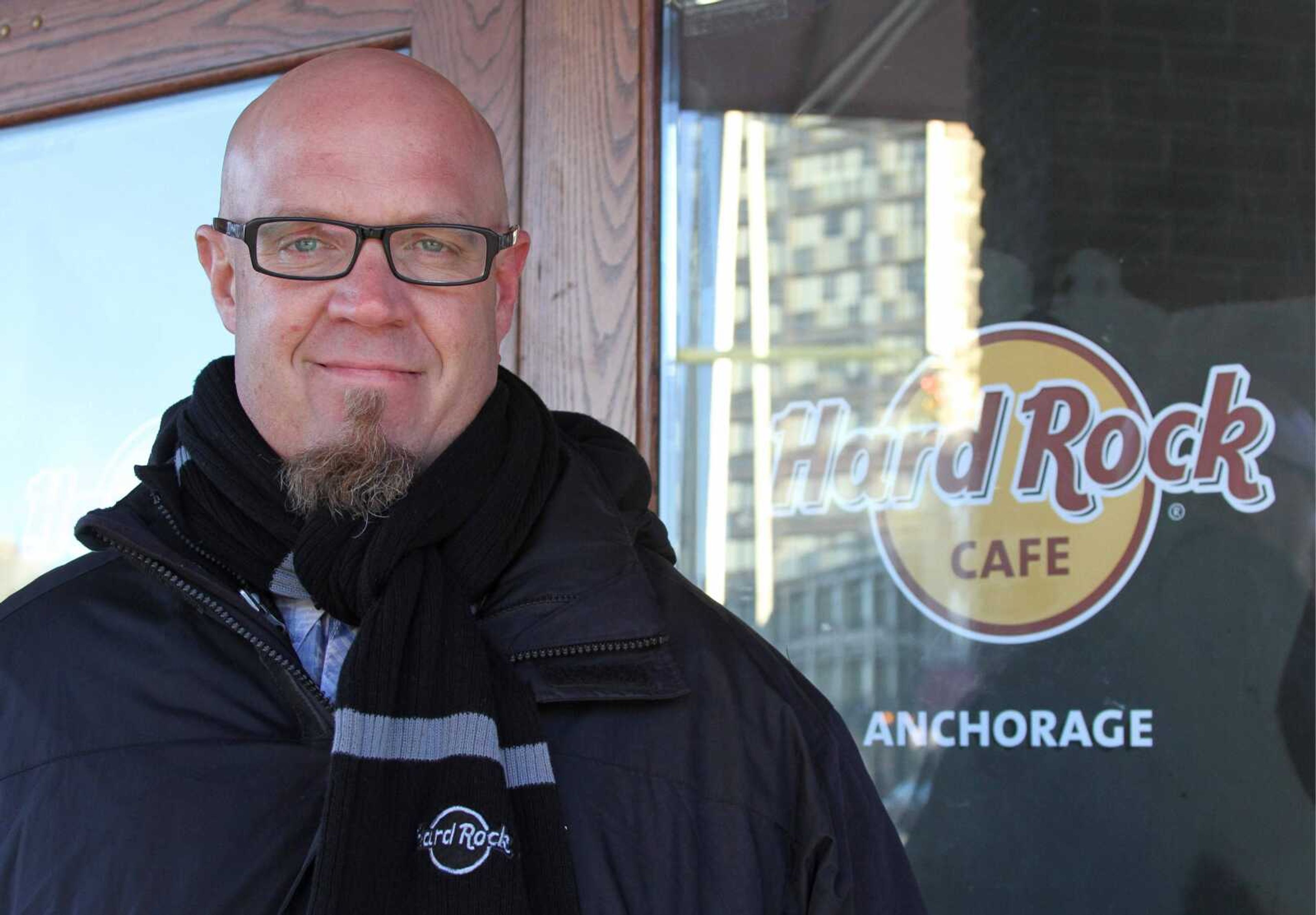 General manager Scott Brokaw poses Nov. 20 outside the new Hard Rock Cafe under construction in Anchorage, Alaska. <br>Mark Thiessen<br>Associated Press