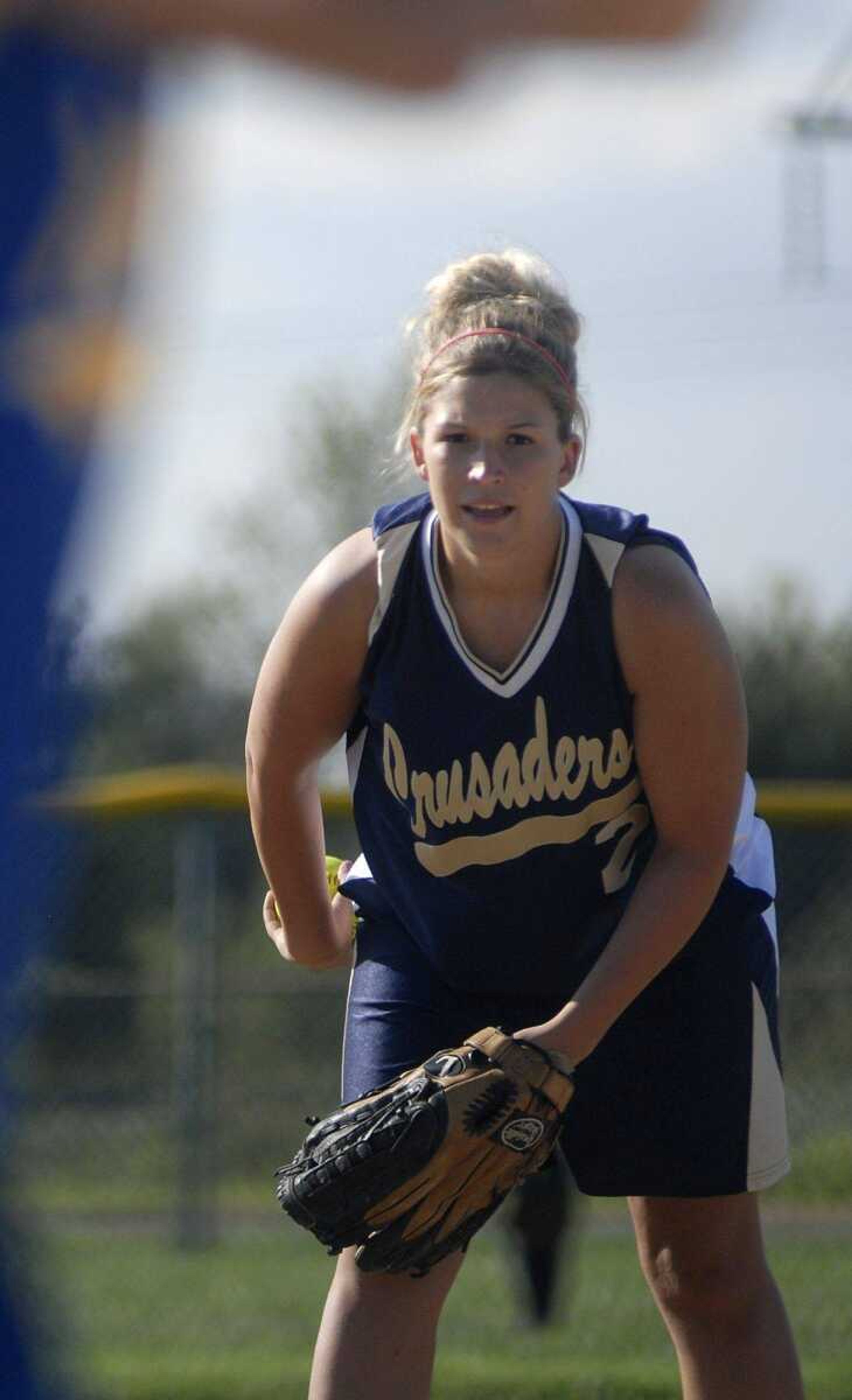 Saxony Lutheran pitcher Nicole McLard looks into the plate before a delivery.