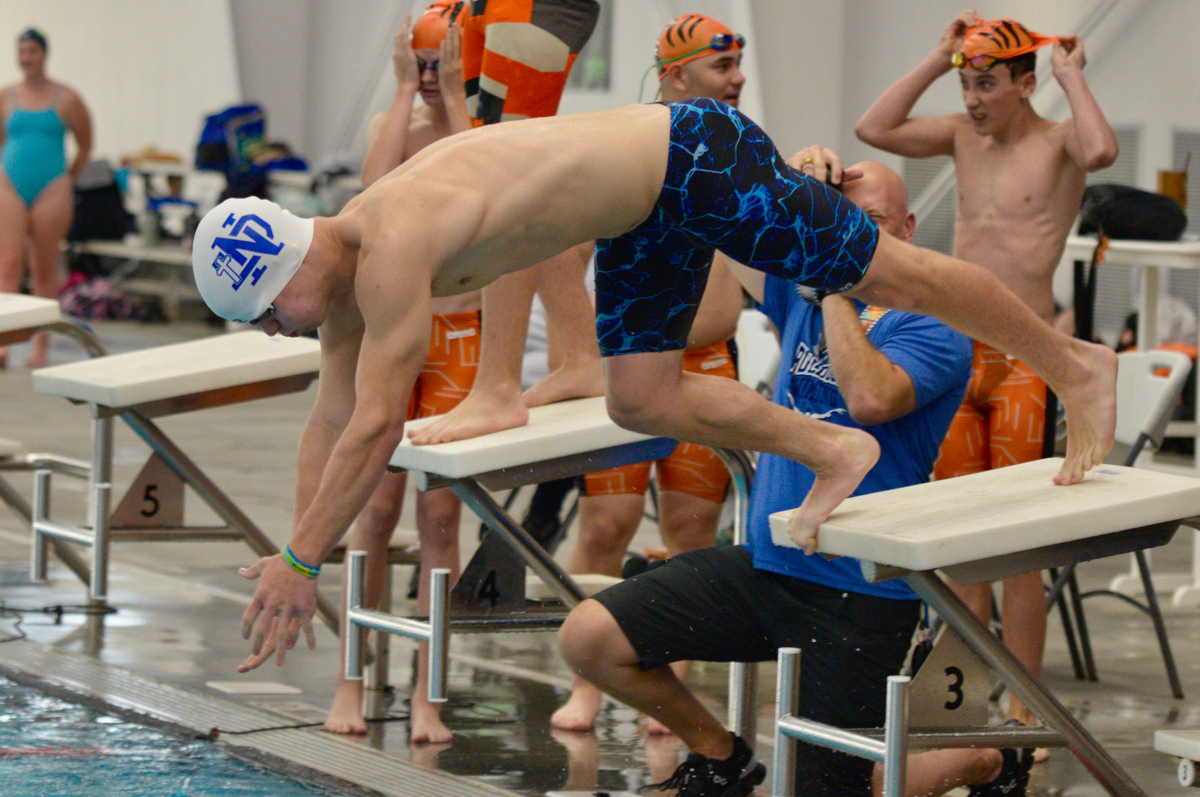 Notre Dame’s Parker Hulshof starts a race against Cape Central on Tuesday, Oct. 29, at the Cape Aquatic Center.