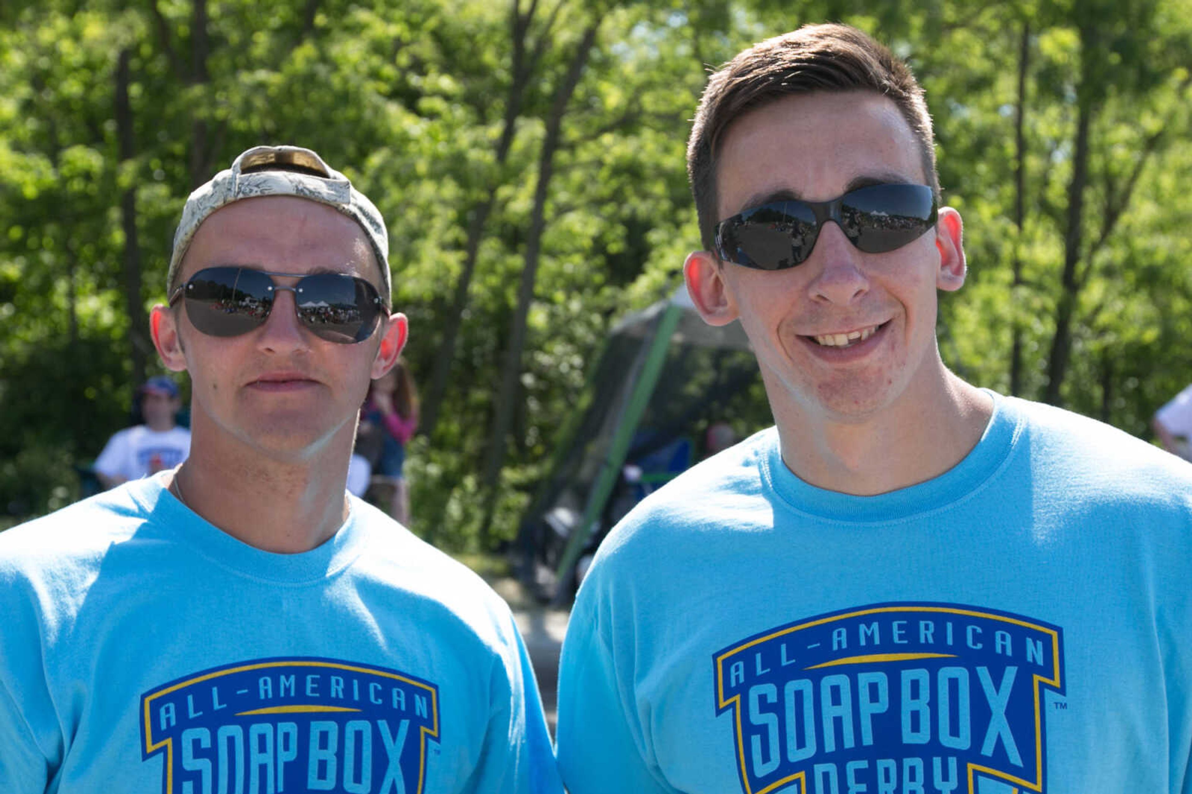 GLENN LANDBERG ~ glandberg@semissourian.com

Rickey Coffel, left, and Jared Calico pose for a photo during the Cape Girardeau Rotary Club's Soap Box Derby Saturday, May 7, 2016 outside Blanchard Elementary School in Cape Girardeau.