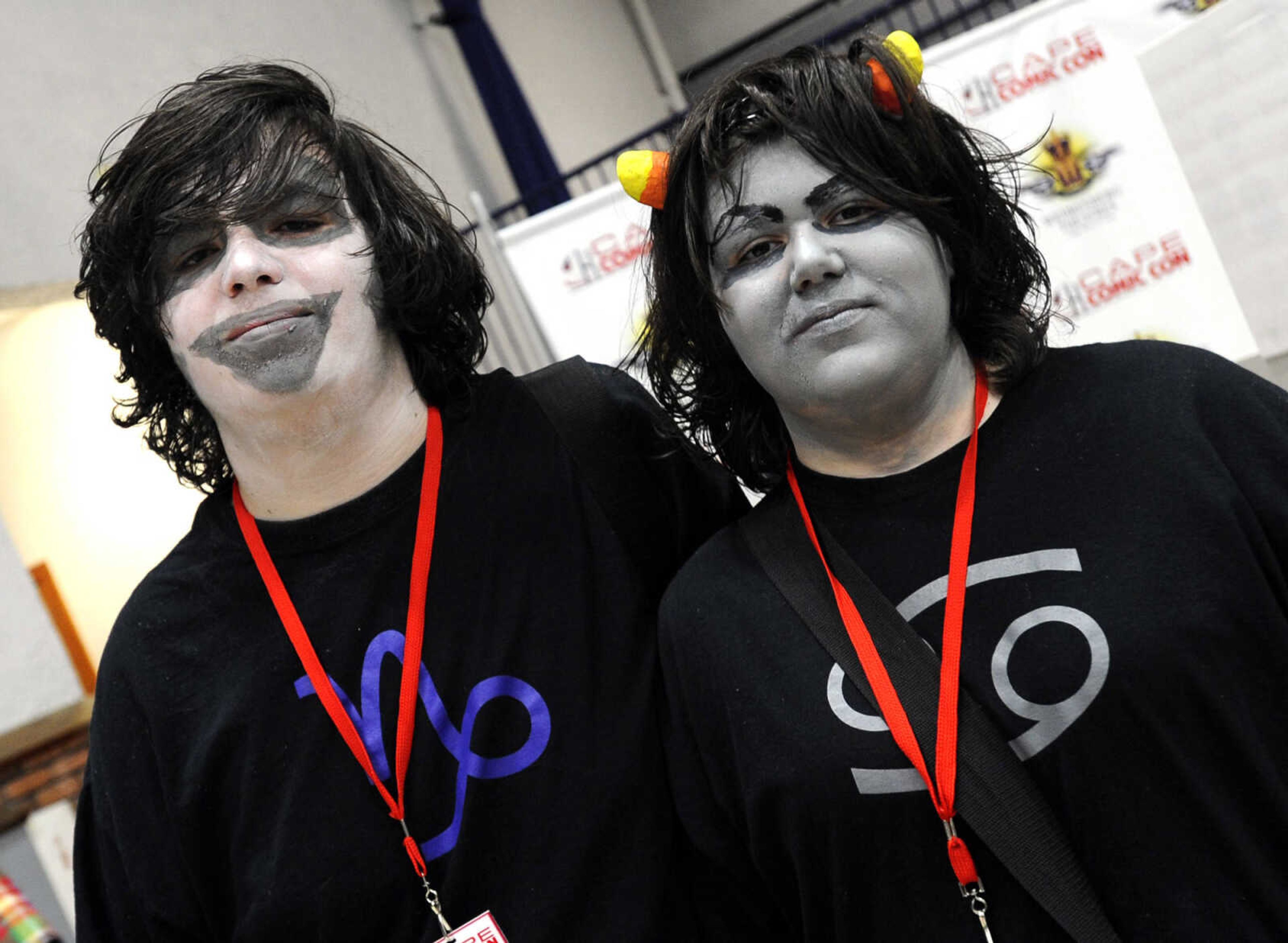 Anthony Wilson, left, of Cape Girardeau portrays Ganzee Makara and Katarina Wilson portrays Karkat Vantas of the webcomic Homestuck at Cape Comic Con on Saturday, March 22, 2014 at the Arena Building.