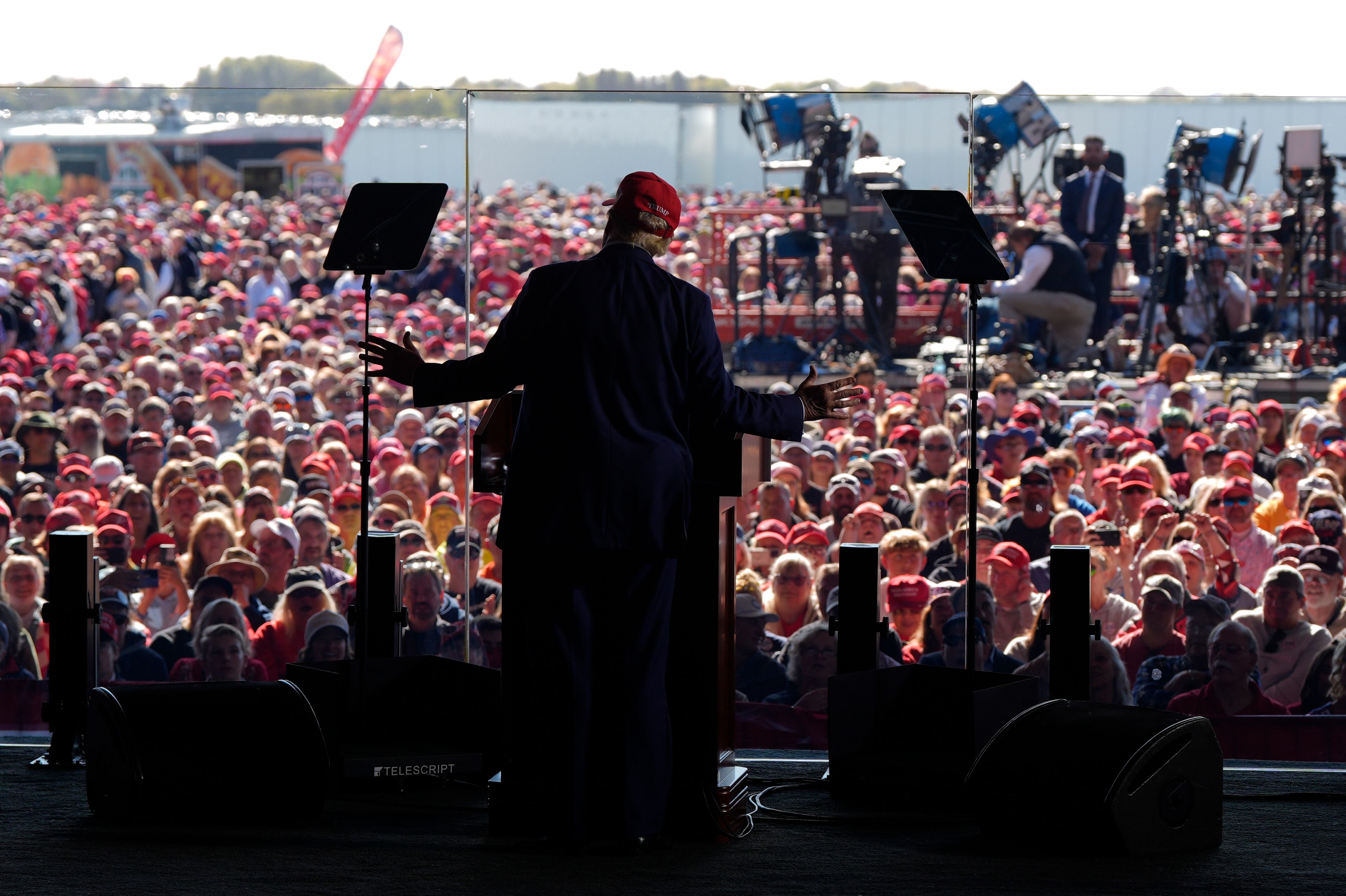 Republican presidential nominee former President Donald Trump speaks during a campaign rally at Dodge County Airport, Sunday, Oct. 6, 2024, in Juneau, Wis. (AP Photo/Julia Demaree Nikhinson)