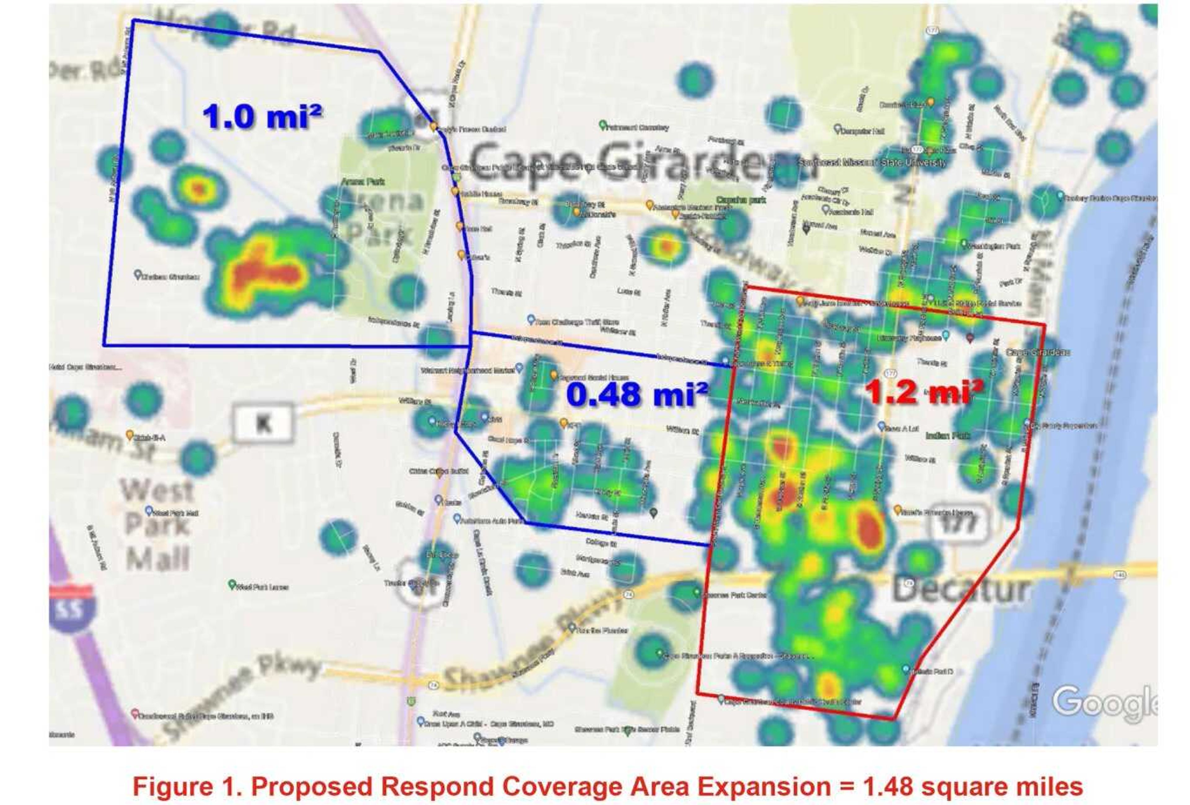 A proposal for the expansion of the ShotSpotter system in Cape Girardeau. The red outlined area is the existing system coverage area with the blue outlines representing the expanded zones. The splotches are reported crime activity.