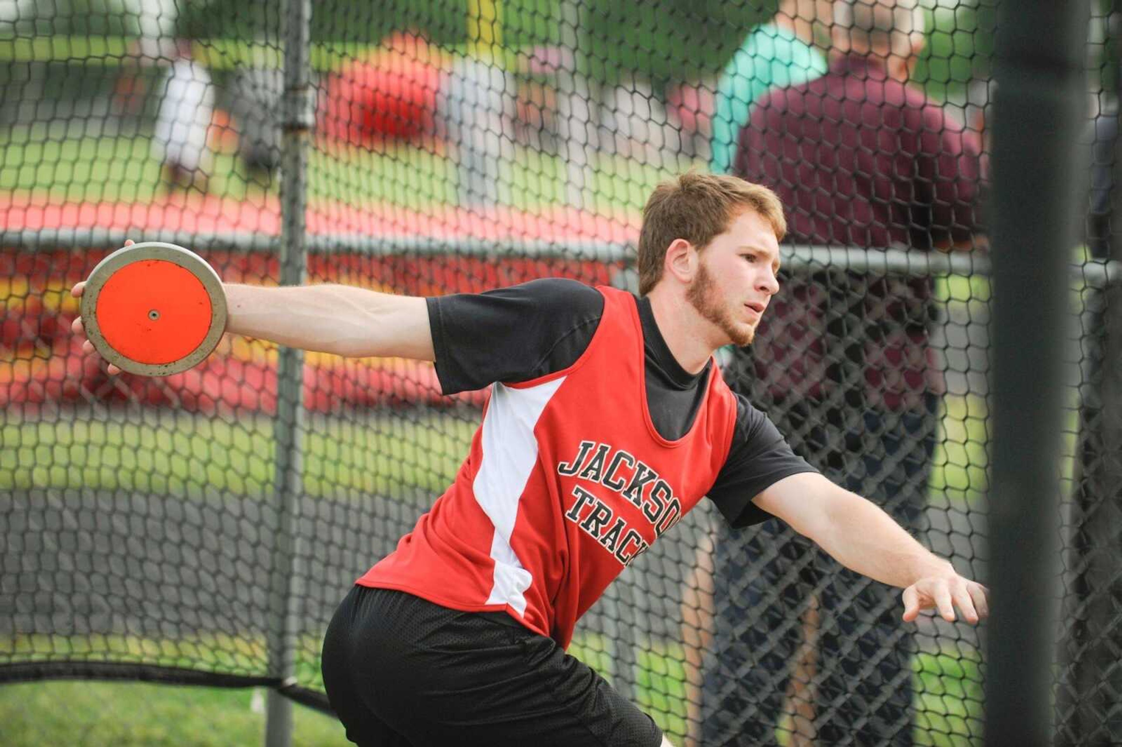 Jackson's Casey Gray prepares to throw the discus during the SEMO Conference North track and field meet Friday, May 8, 2015 in Jackson. (Glenn Landberg)